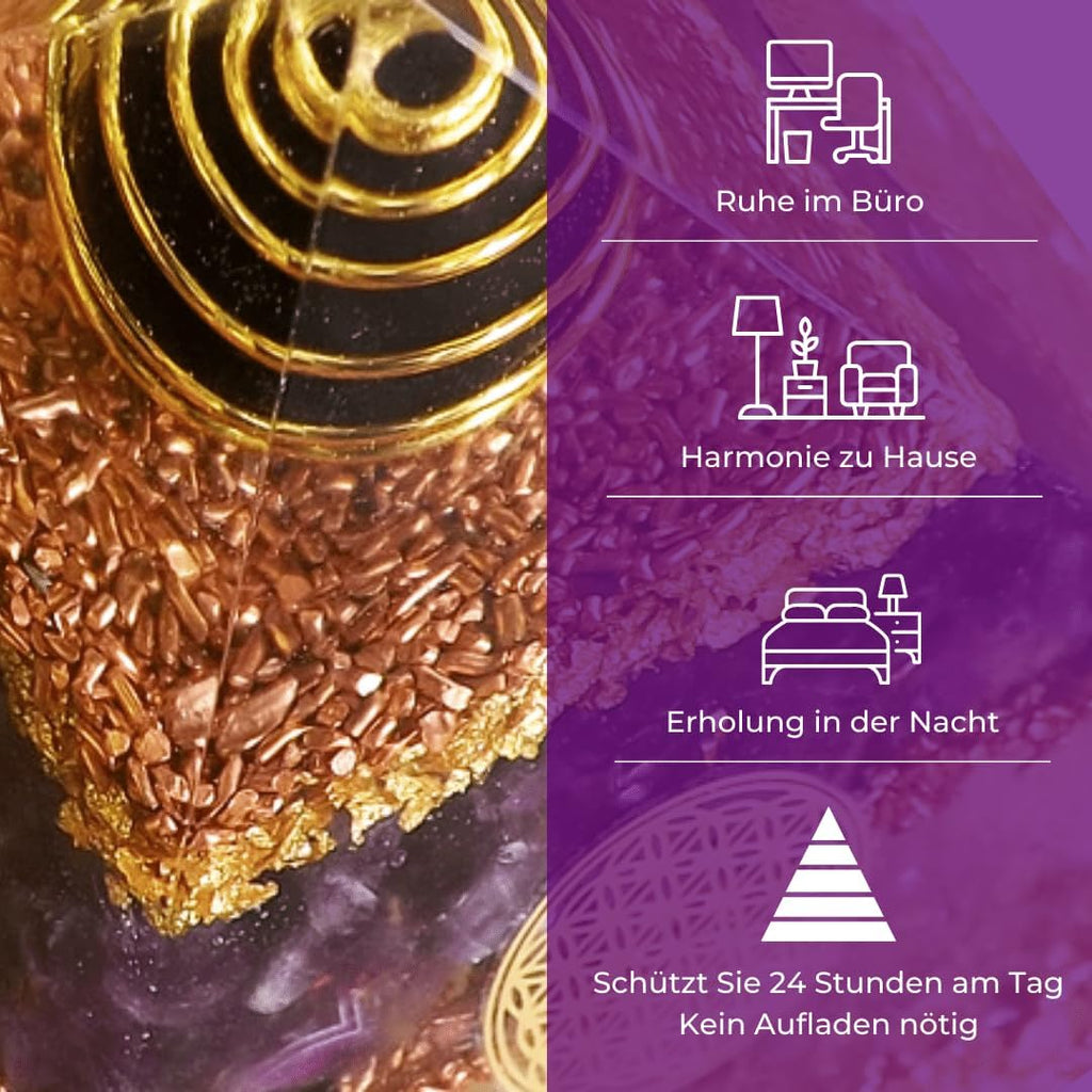 Orgonicart Orgonite Pyramid, Orgonite Pyramid, According to Wilhelm Reich with Amethyst and Rock Crystal, for Room Harmonisation and Protection Against Negative Energies, 5G, WiFi, Electrosmog