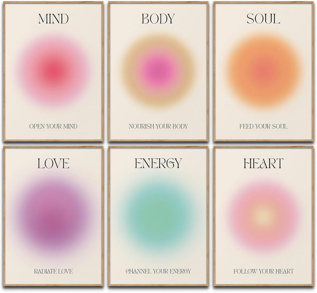 Mind Body Soul Poster Set Achtsamkeit Aura Farben Yoga Wanddeko Inspirierende Bilder Mindfulness Schlafzimmer Deko Wohnzimmer Dekoration Homeoffice Achtsamkeitsposter (6x A4 | Ohne Rahmen)
