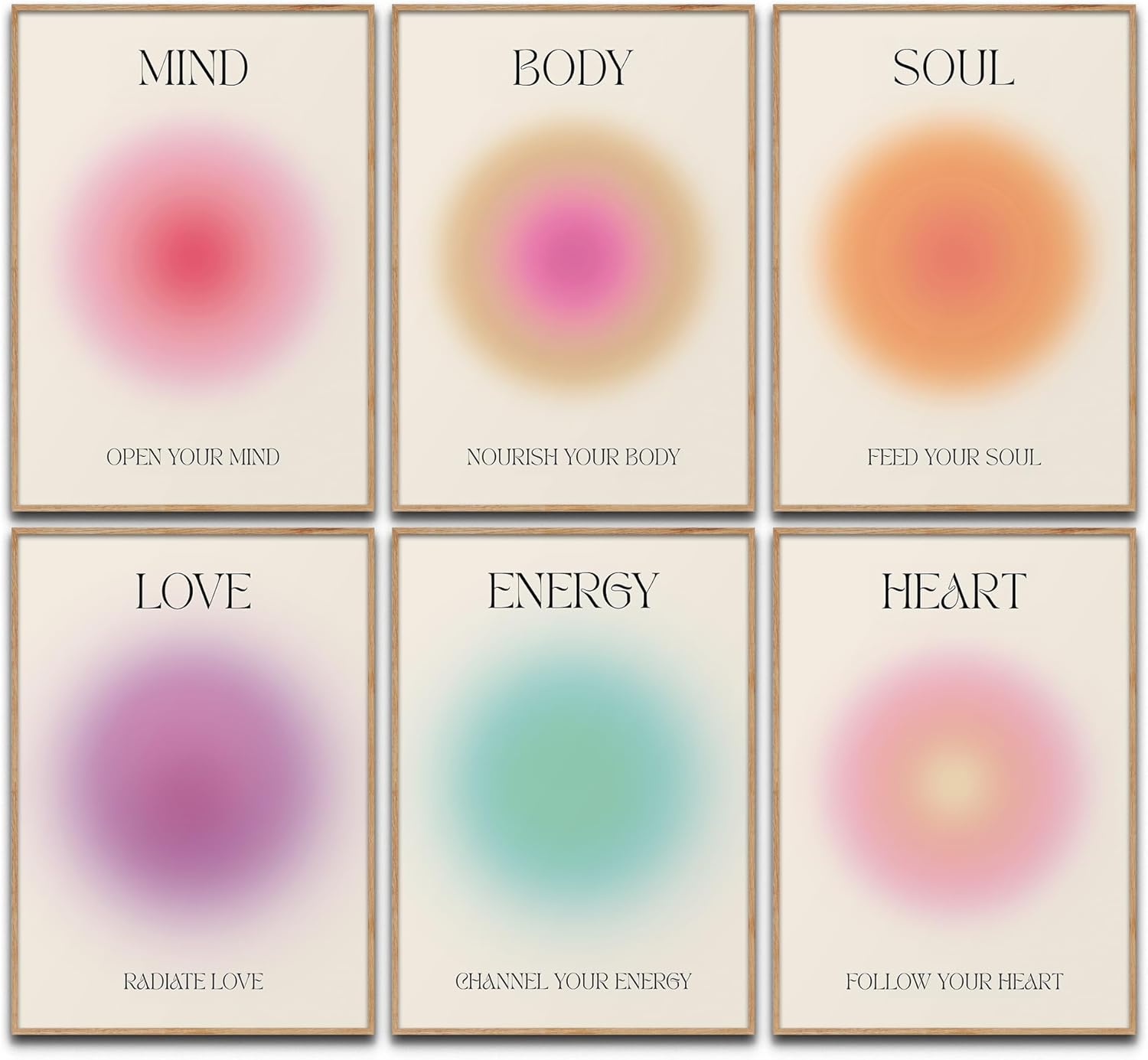 Mind Body Soul Poster Set Achtsamkeit Aura Farben Yoga Wanddeko Inspirierende Bilder Mindfulness Schlafzimmer Deko Wohnzimmer Dekoration Homeoffice Achtsamkeitsposter (6x A4 | Ohne Rahmen)