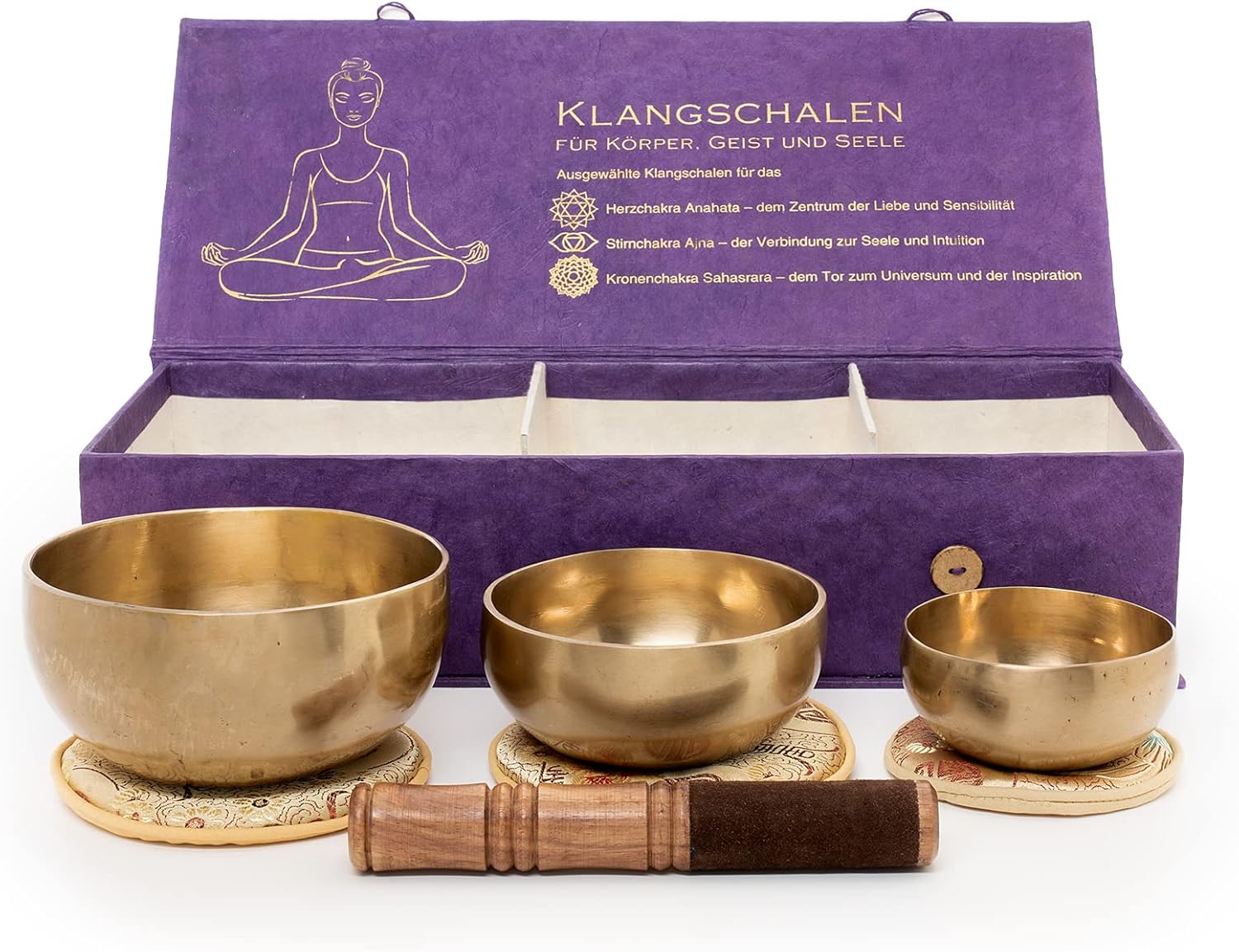 Körper-Geist-Seele-Box mit 3 feinen Klangschalen für das Herz-Chakra, das Stirn-Chakra und Kronenchakra für Meditation u. Klang-Therapie I Handgeschmiedet I Inkl.Klöppel/Pads I Fair Trade aus Nepal