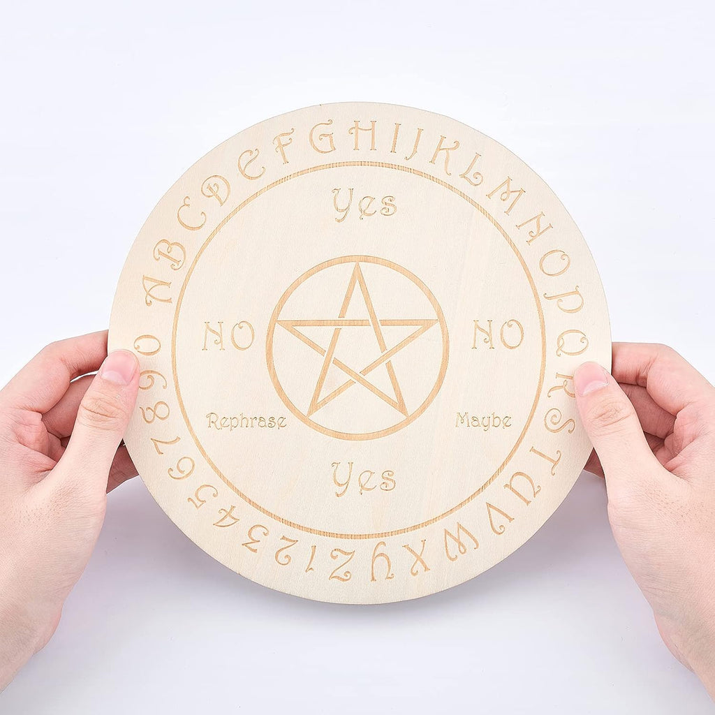 GORGECRAFT Pattern Texts Pendulum Board Wooden Fortune Telling Metaphysics Message Board Wood Carving Board Fortune Telling Witchcraft Altar Coaster Environmentally Friendly Scald-Proof Flat Round
