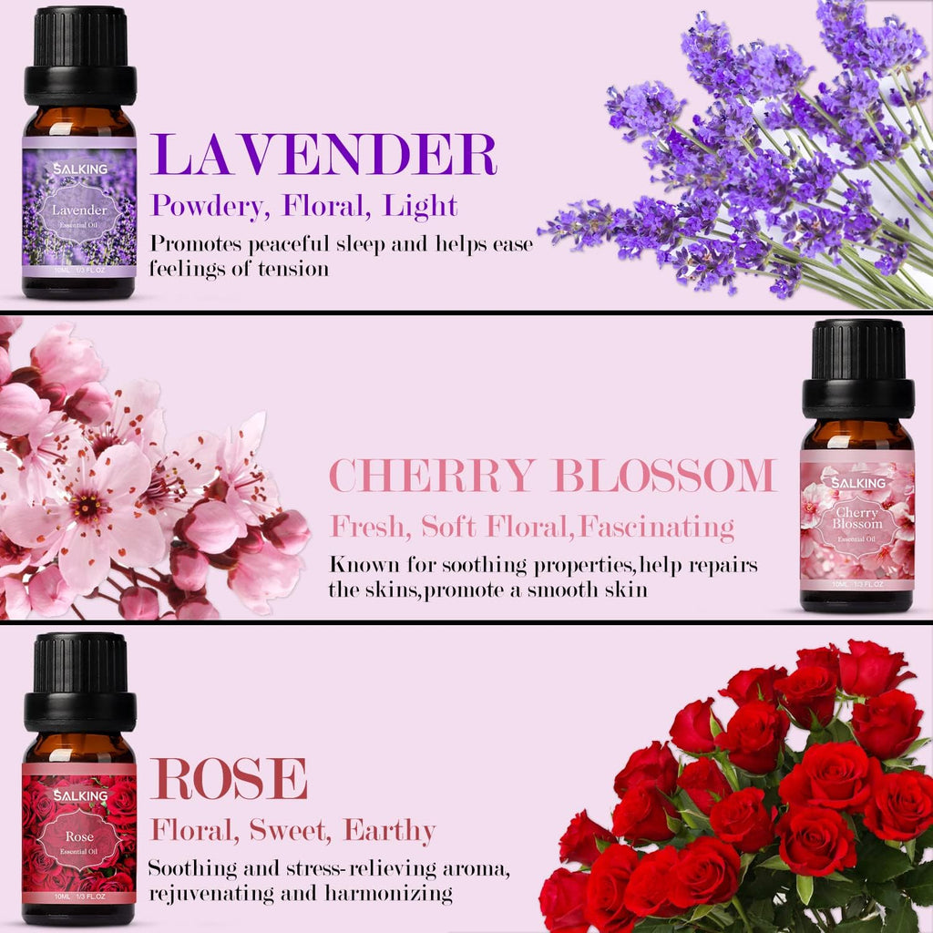 SALKING Essential Oils Set, Aromatherapy Fragrance Oil Gift Set, 100% Pure Fragrance Oils for Diffuser, Oil Lamps, Humidifier, Massage, 6 x 10 ml (Lavender, Rose, Cherry Blossom, Jasmine, Gardenia,