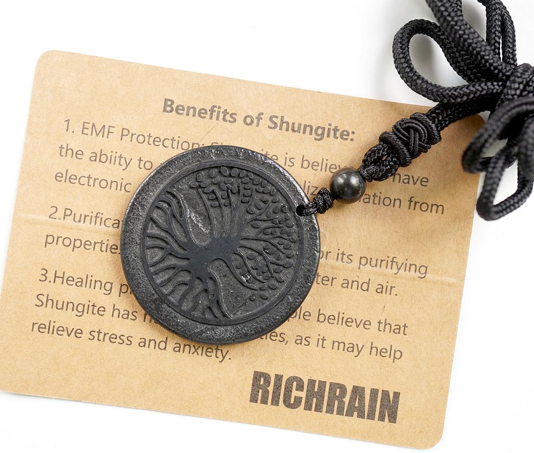 RICHRAIN Halskette mit Anhänger aus echtem natürlichem Schungit, spirituelle Geschenke für Frauen, Kristallheilung, Kristallgeschenke für Männer (Tree of Life)