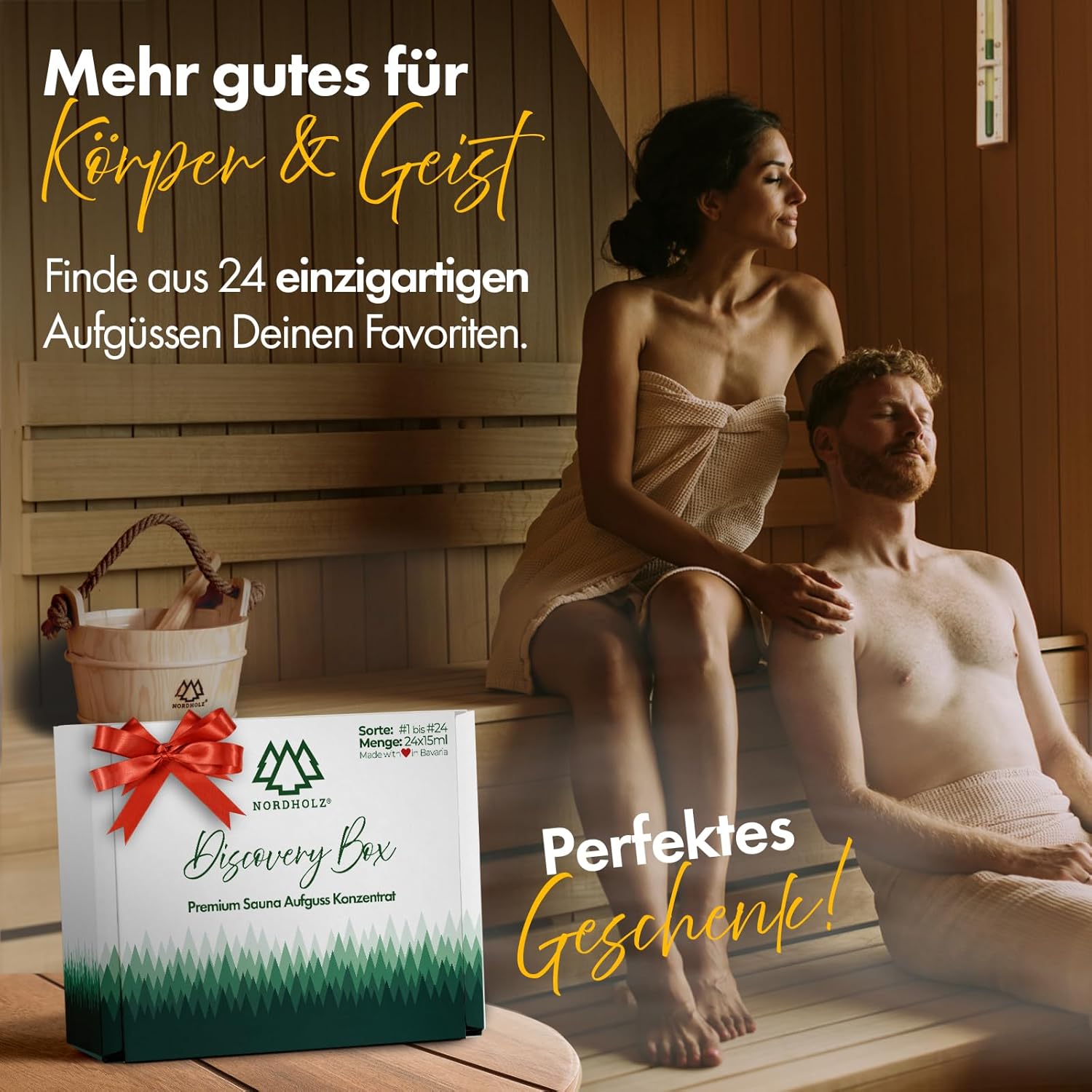 NORDHOLZ® Saunaaufguss Discovery Box 24x15ml [ #1-#24 NATURREINE ÄTHERISCHE ÖLE] Sauna Aufgussmittel - Sauna Aufguss aus Franken - Sauna Zubehör