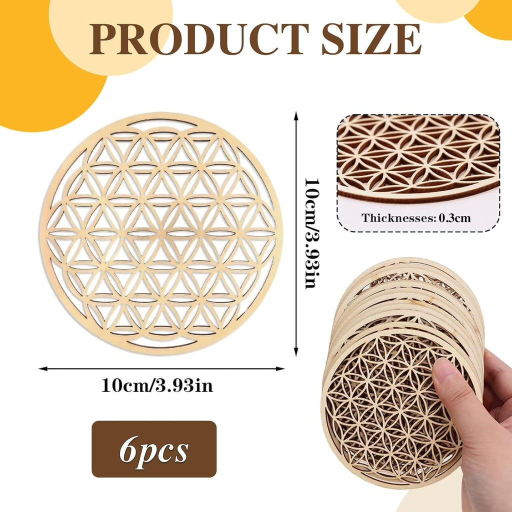 Hugwish Set Mit 6 Blume des Lebens Untersetzer Holz Für Meditation (10 X 10 cm), Untersetzern aus Premium Birkenholz, lebensblume deko (6)