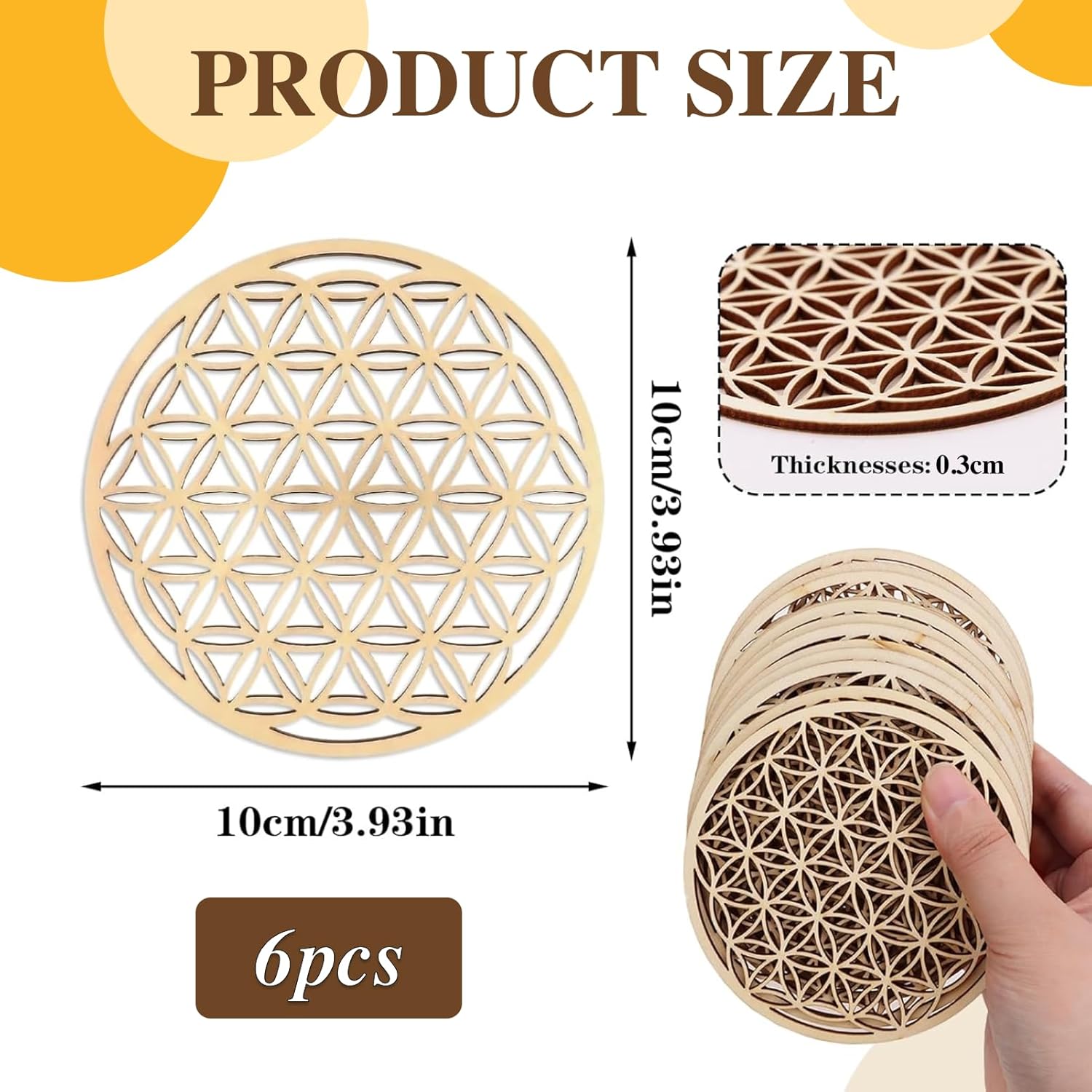 Hugwish Set Mit 6 Blume des Lebens Untersetzer Holz Für Meditation (10 X 10 cm), Untersetzern aus Premium Birkenholz, lebensblume deko (6)