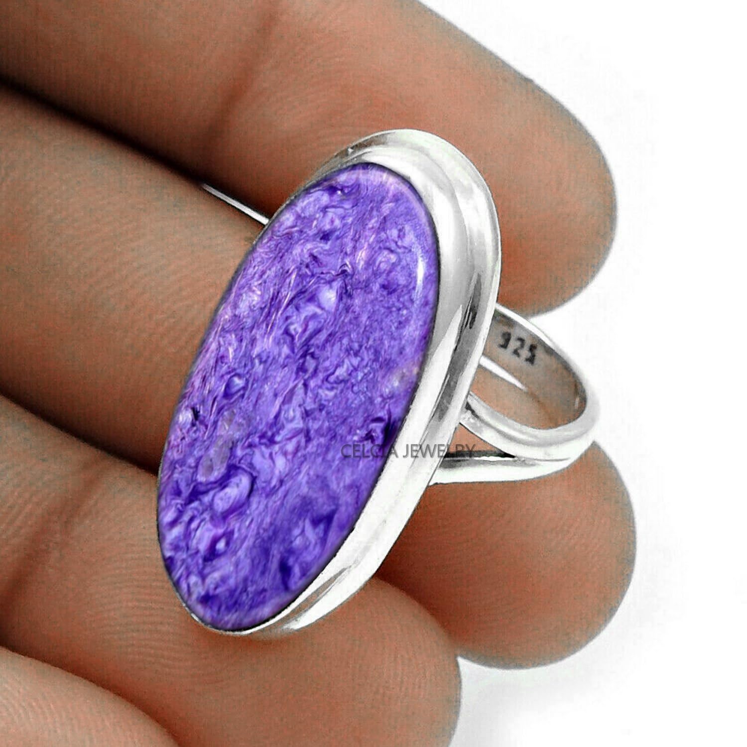 Large Oval Gemstone Handmade Jewellery, 925 Sterling Silver Tribal Ring, Engagement Gifts for Couples, Birthday Gifts for Men, Fathers Day Gifts, Promise Ring, Men's Gifts (Size 7.5, Charoite)
