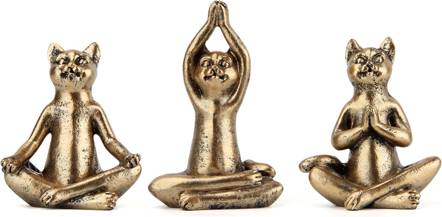 Smadeer Yoga Cat Statues for Home Decor Accents,Yoga Pose Figurine for Zen Spiritual Bedroom Living Room Office Table Desk Modern Boho Decoration,Meditation Shelf Decor Accents Antique Bronze Gift