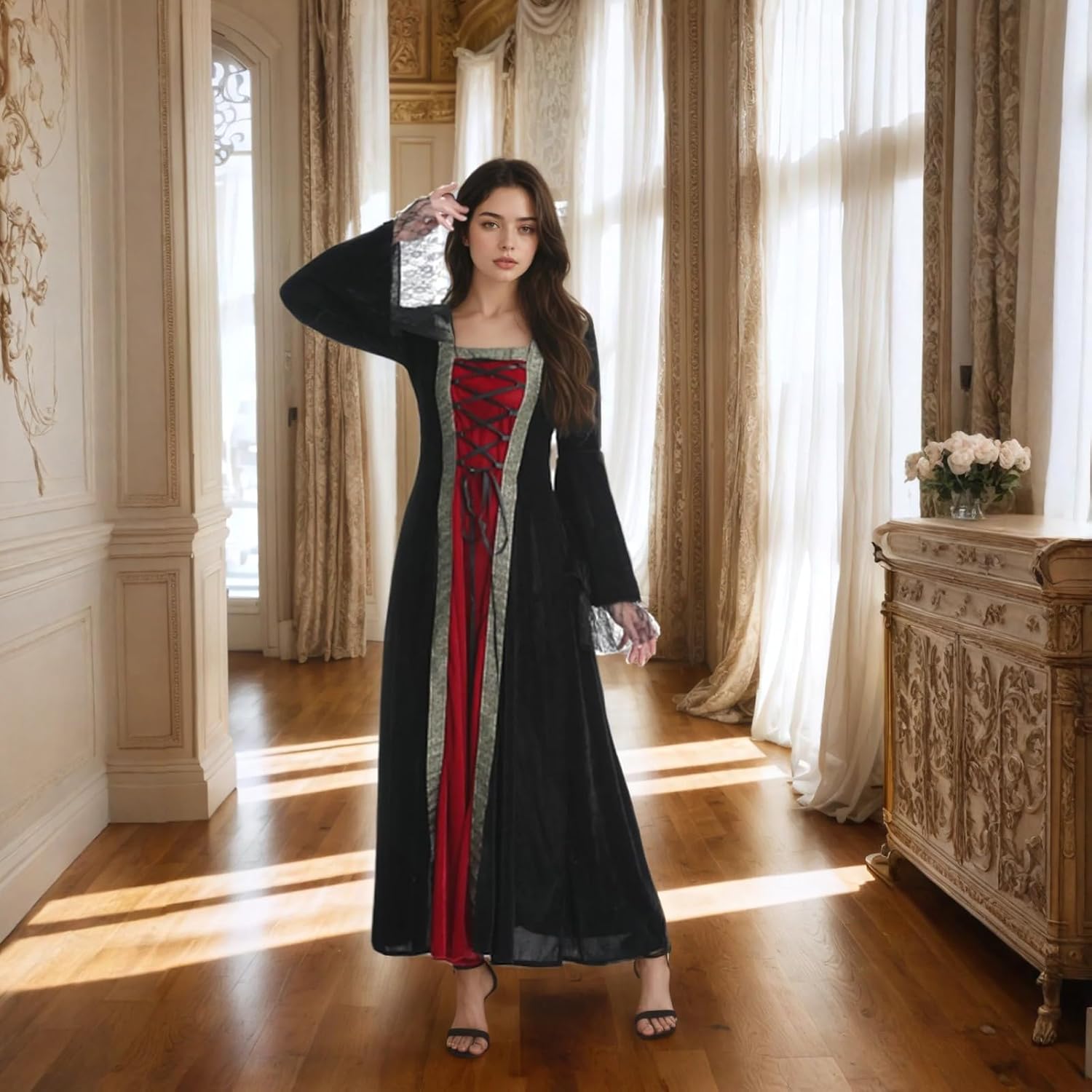 Colorful House Women Medieval Tea Party Dress Victorian Era Bubble Sleeves Velvet High Waist Long Dress with Belt and Gloves