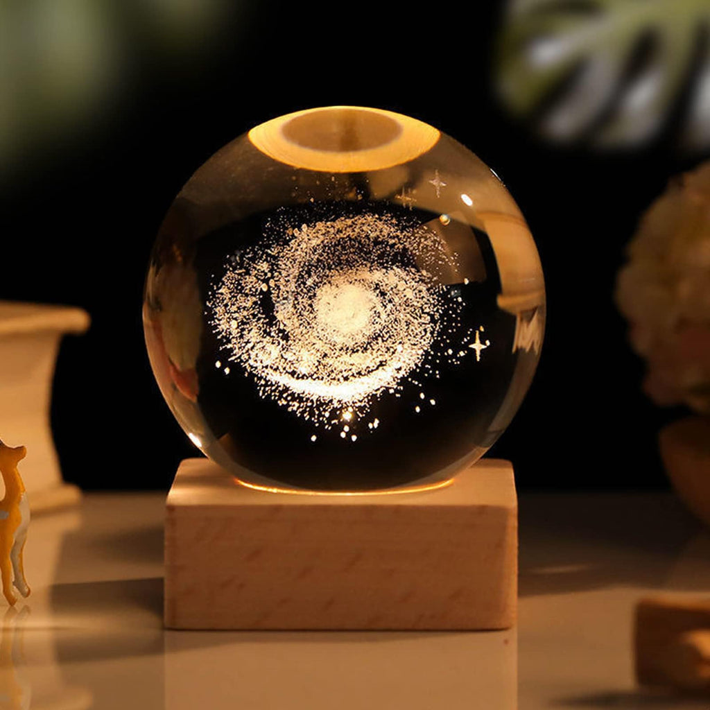 Zoomarlous 3D Crystal Ball Night Light, USB 3D Moon Crystal Ball Night Light, Creative Night Scene, Astronomy LED Ball Lamp, with Wooden Base