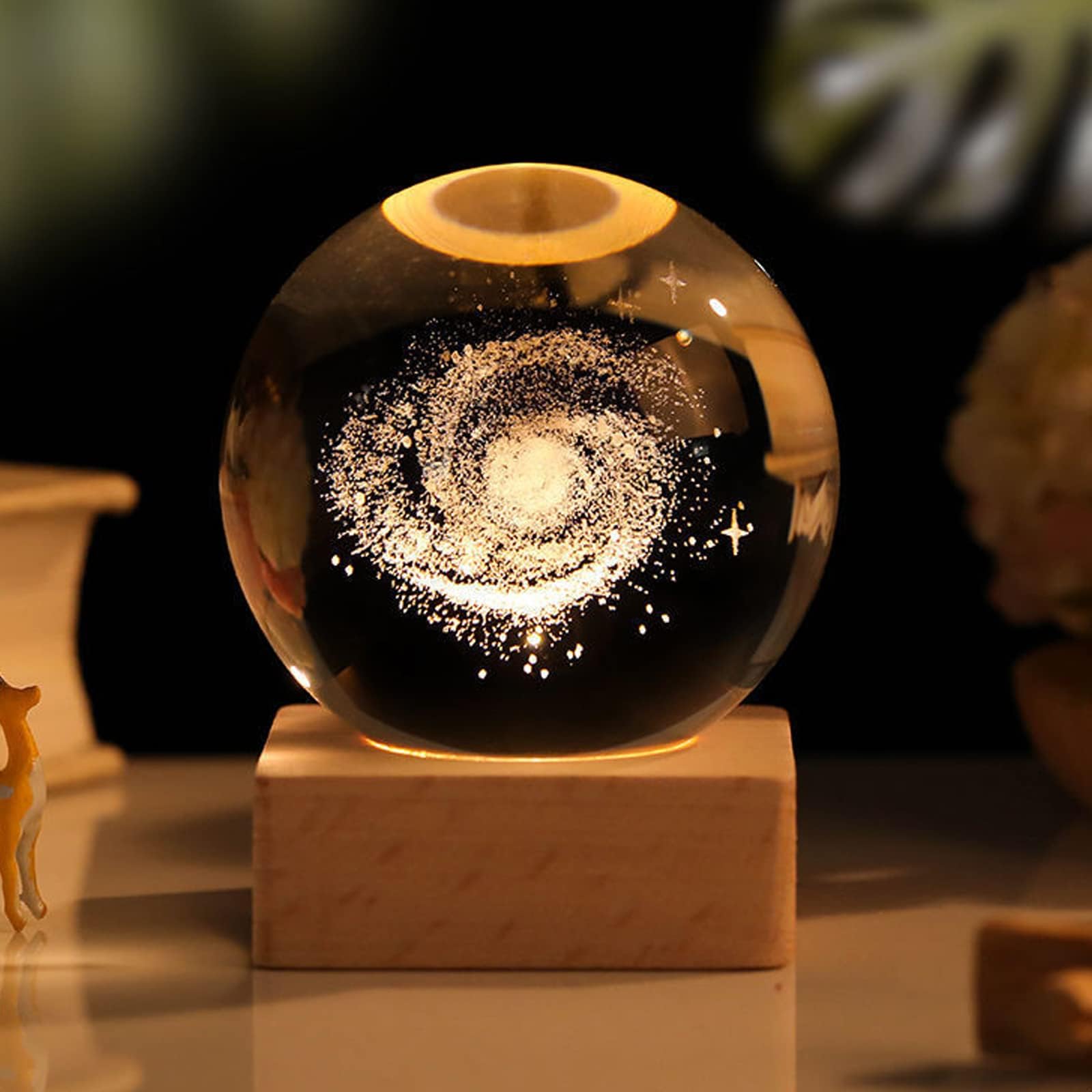 Zoomarlous 3D Crystal Ball Night Light, USB 3D Moon Crystal Ball Night Light, Creative Night Scene, Astronomy LED Ball Lamp, with Wooden Base