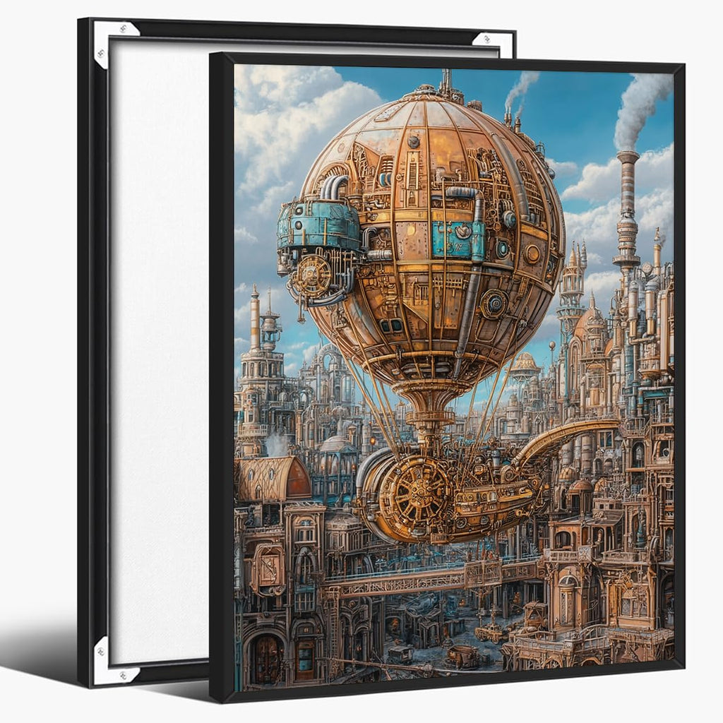 Steampunk Airship Canvas Wall Art Vintage Cityscape Illustration with Metallic Airship and Ornate Buildings Fantasy Sci-Fi Print for Office Lounge Studio Posters 11x14in Unframed