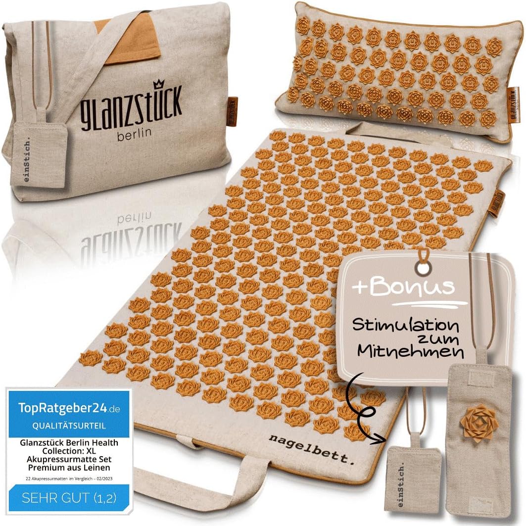 Glanzstück Berlin® Health Collection: XL Akupressurmatte Set ORIGINAL aus Leinen, Hilfe bei Verspannungen, Rückenschmerzen, Massagematte mit Kissen (Wärmefunktion) & Tasche, nachhaltig