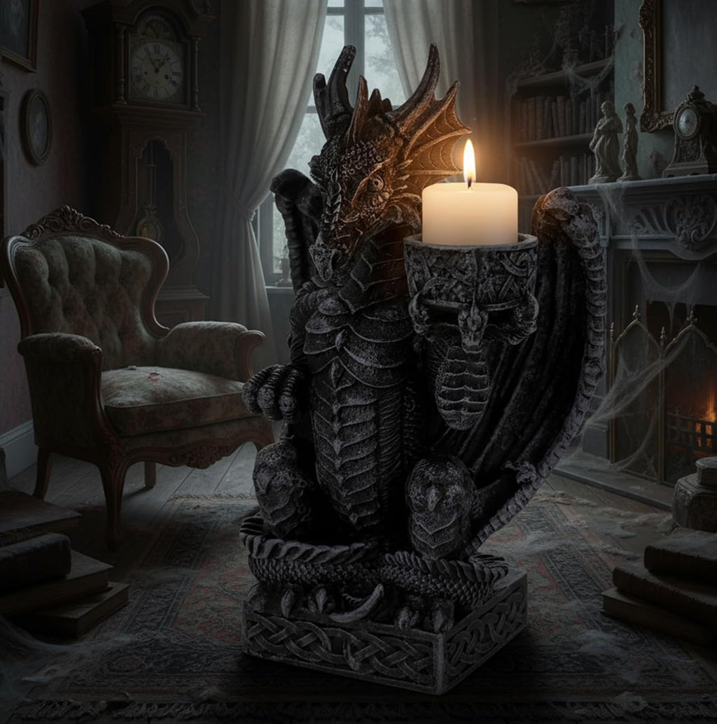 Dragon Candle Holder Figure 16 cm - Mystical Dragon Candle Holder Made of Polyresin - Fantasy Decorative Figure for Living Room, Shelf & Altar - Hand-Painted Dragon Statue with Candle Holder - Gothic