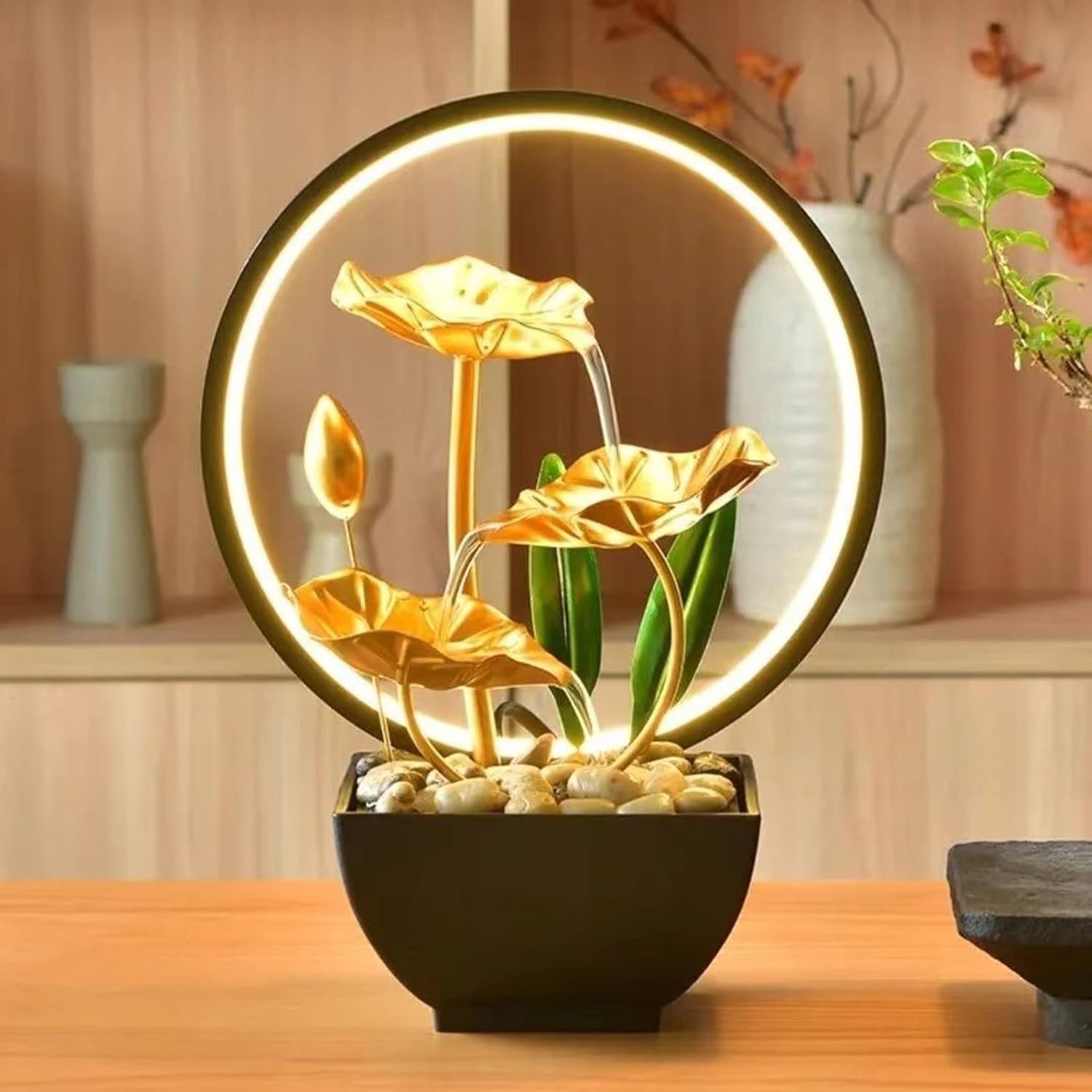 Tuzsocr Zimmerbrunnen LED, Tischbrunnen mit Beleuchtung Wasserfall, Moderne Zen Deko mit geräuschloser Pumpe, Entspannung Meditationsdekoration für Haus, Büro, Garten, Wohnzimmer, H 28 cm