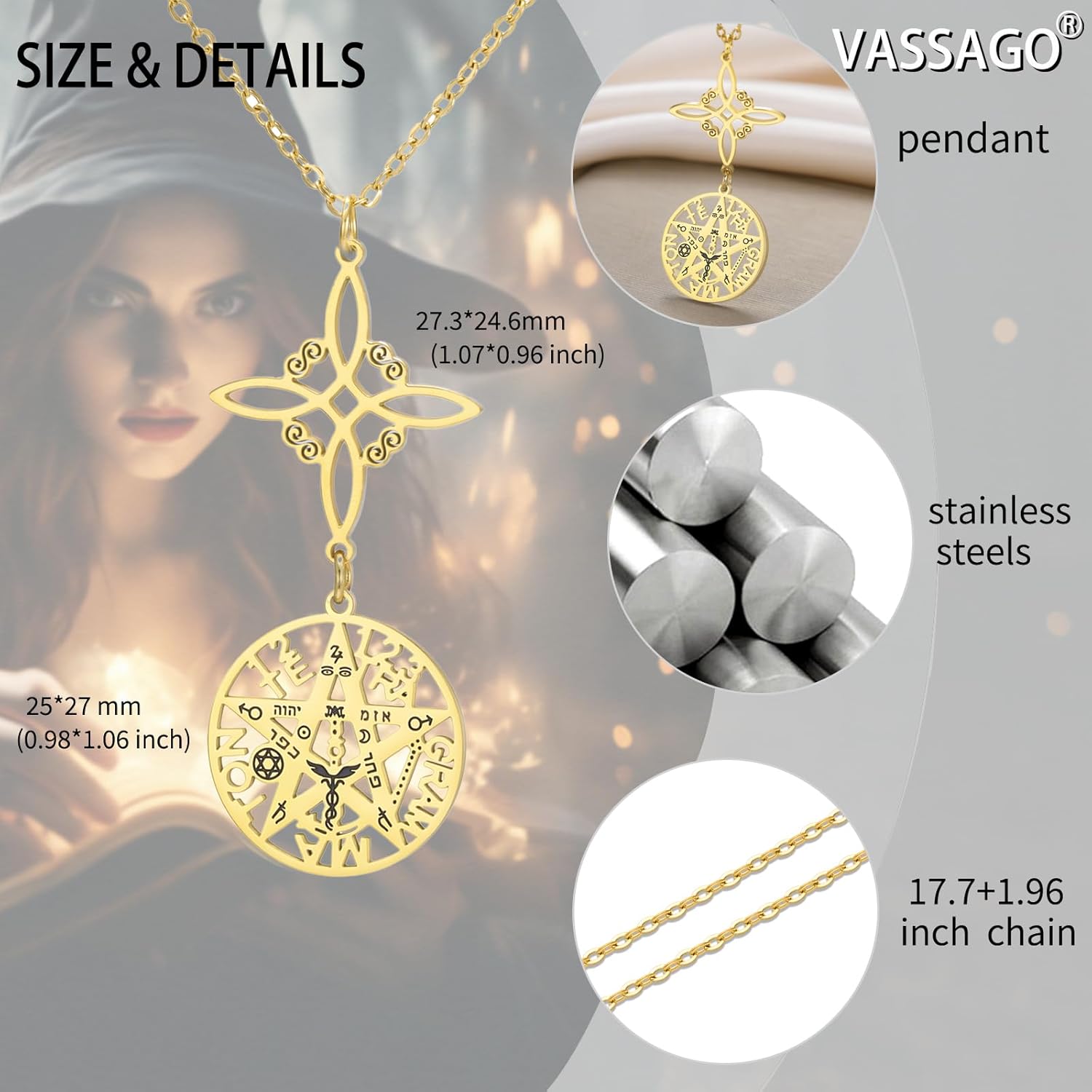 VASSAGO Witch Knot Tetragram Pentagram Necklaces Celtic Knot Pendant Double Protection Witchcraft Pagan Amulet Irish Jewellery for Women Men