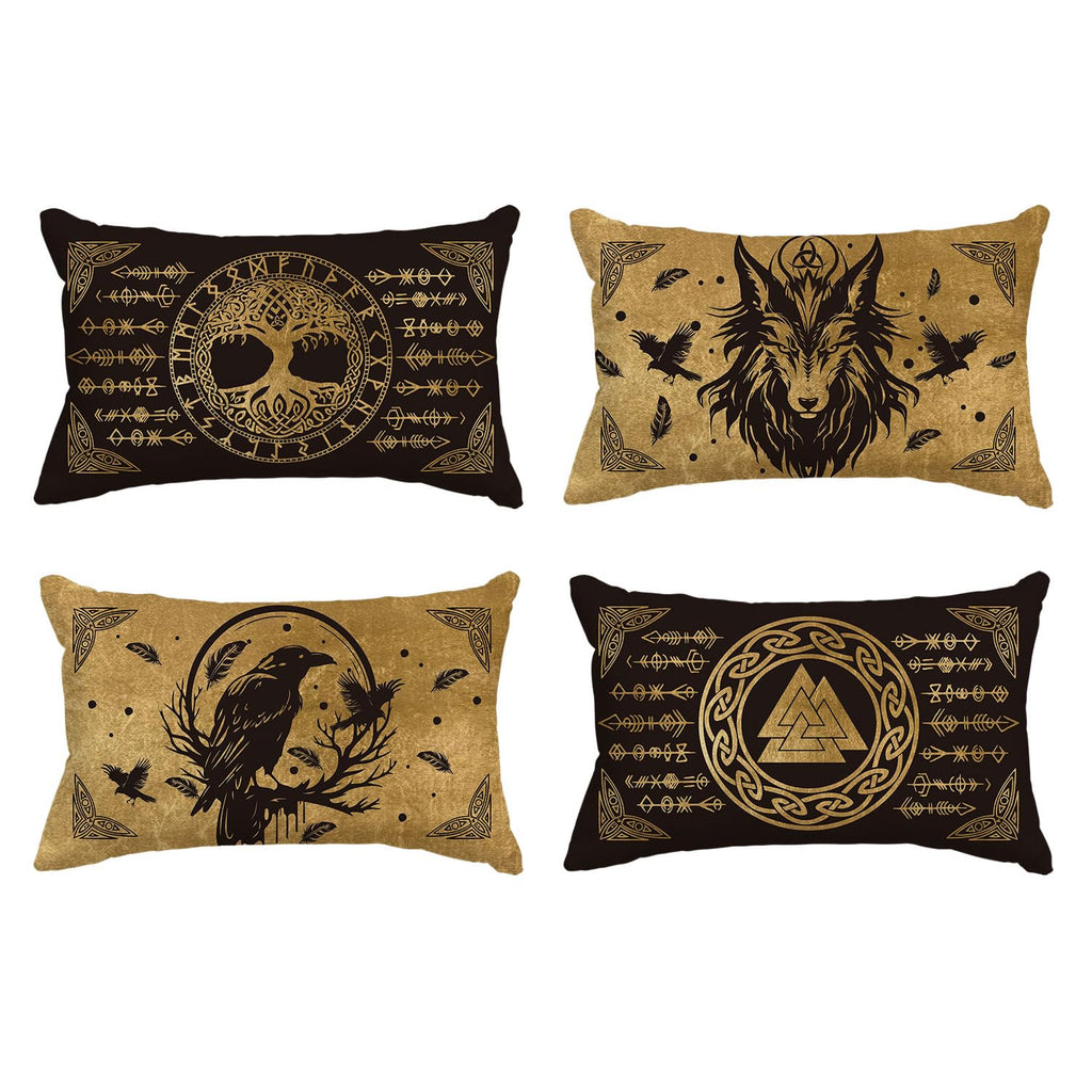 Artoid Mode Gold Wikinger Futhark Runen Odin Baum des Lebens Kissenbezüge 4er Set, 40x40cm Wolf Rabe Cushion Cover Couch Wohnzimmer Deko