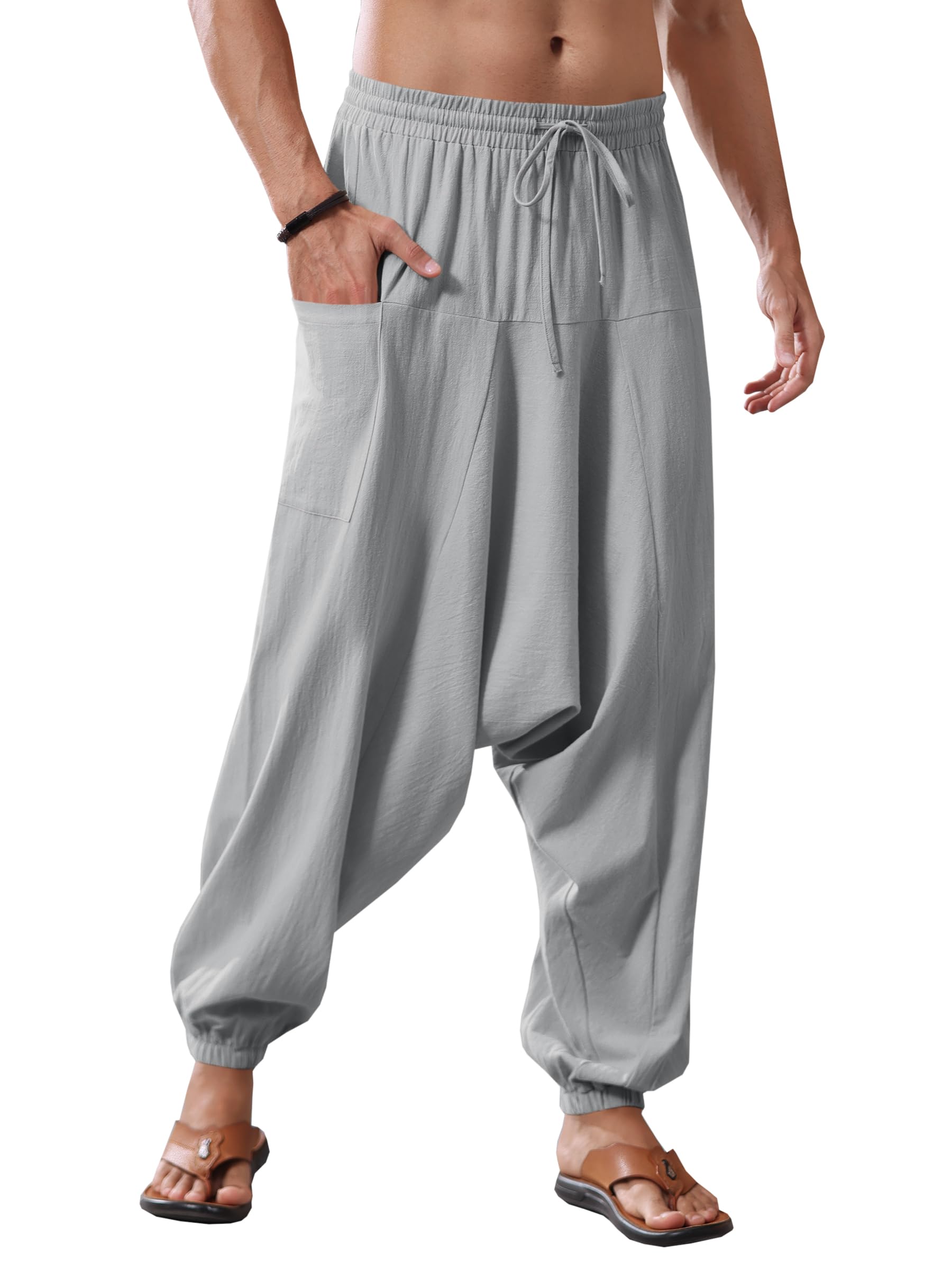 Runcati Mens Harem Pants Baggy Hippie Casual Cotton Linen Loose Boho Yoga Beach Drop Crotch Trouser