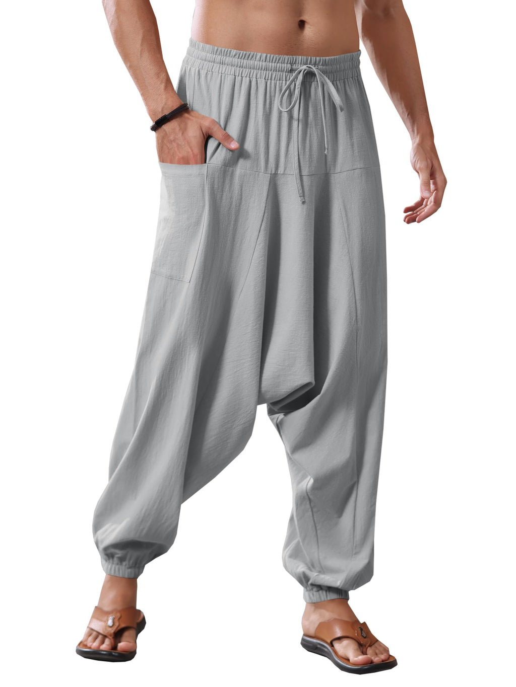Runcati Mens Harem Pants Baggy Hippie Casual Cotton Linen Loose Boho Yoga Beach Drop Crotch Trouser