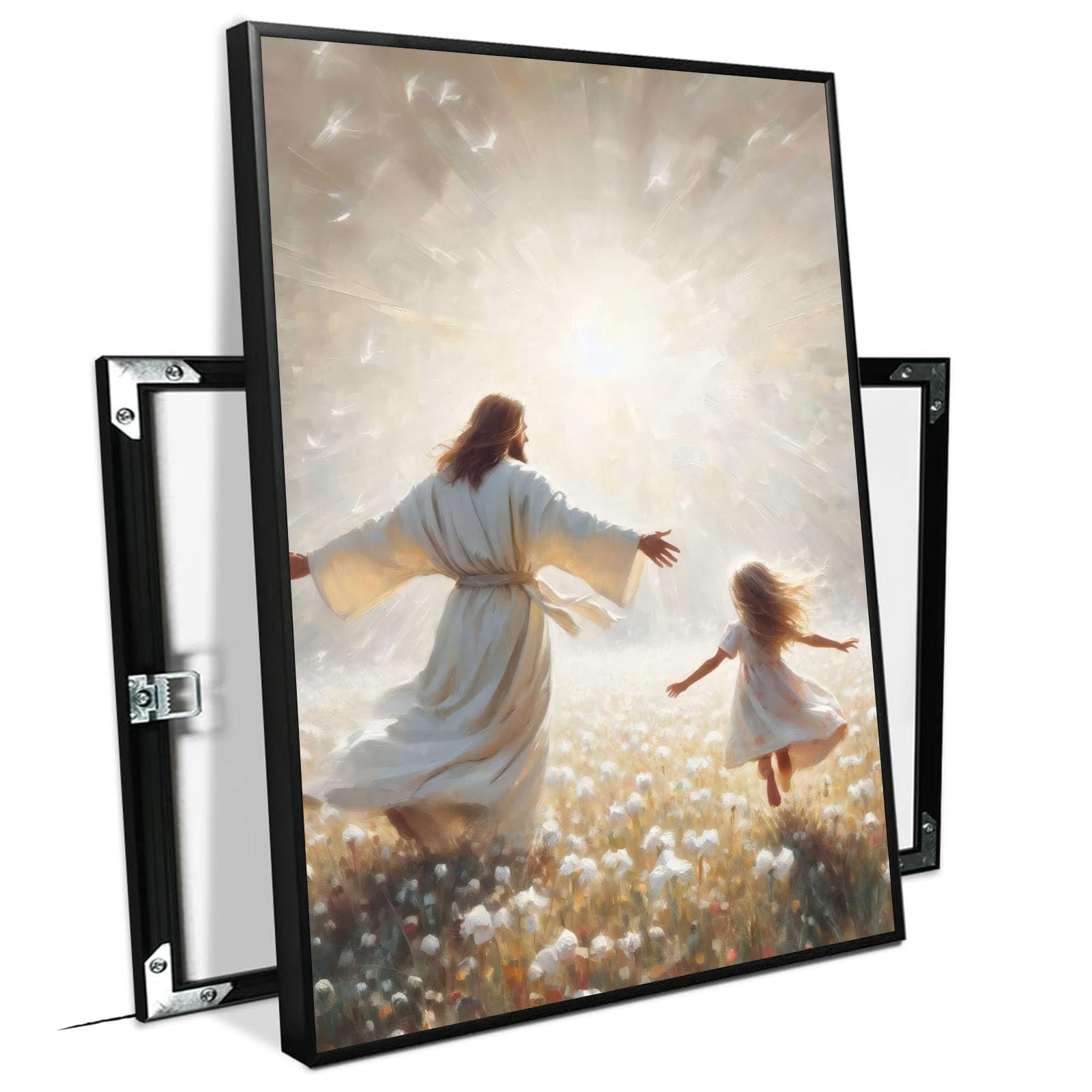 Jesus canvas painting spiritual artwork featuring a girl in a flowing white robe happily playing in a warm field of golden daisies. Adds a vibrant atmosphere to your home's sacred wall decor