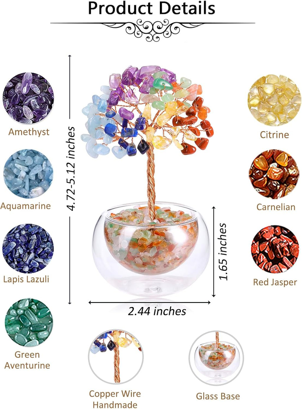 7 Chakra Feng Shui Baum mit Glas Basis Lebensbaum Deko Heilsteine Edelsteine Baum Geldbaum Kristallbaum Glücksbringer Spirituelle Feng Shui Deko