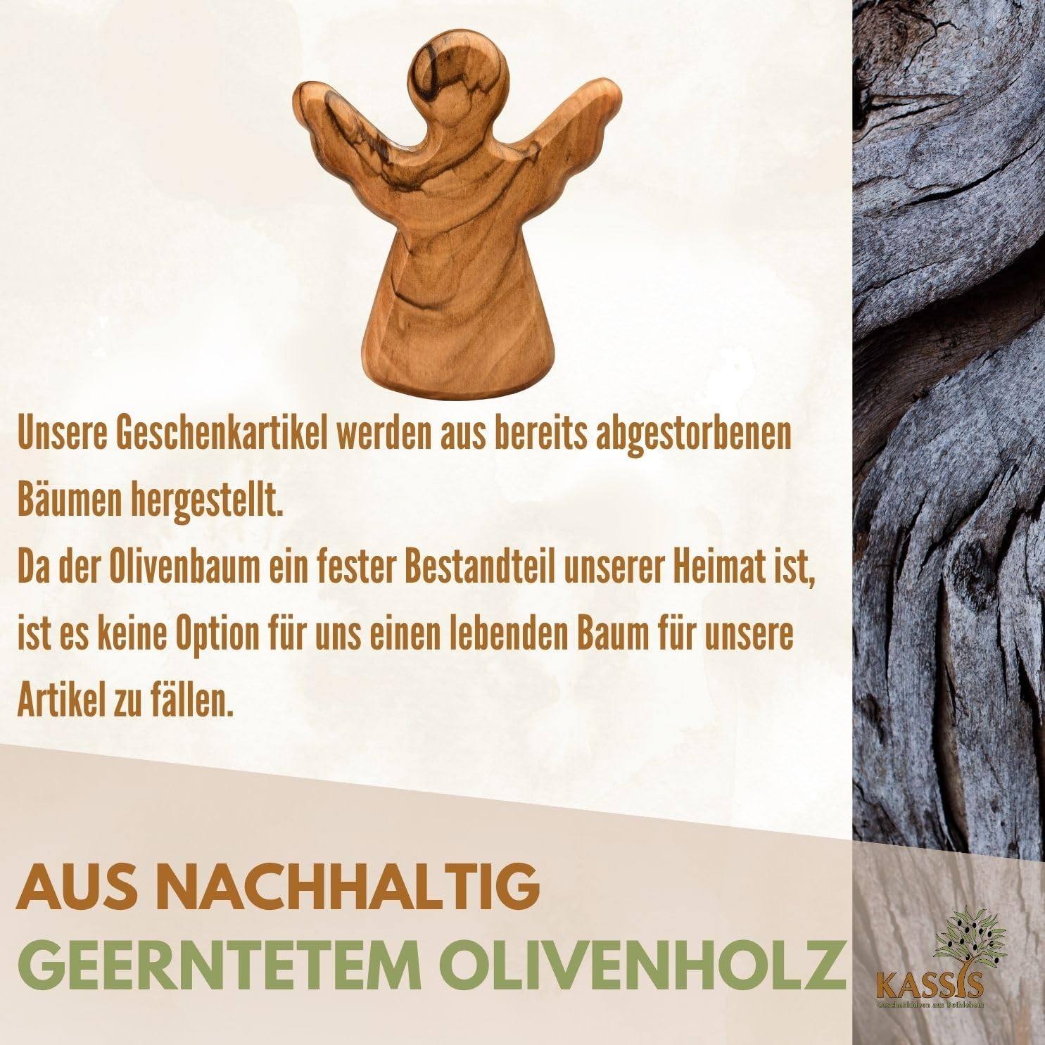 Kassis Geschenkartikel Olivenholz-Schutzengel - Handgefertigte Engel-Figur aus Bethlehem - Schutzengel-Glücksbringer - (ohne Gravur) - (1 Stück)