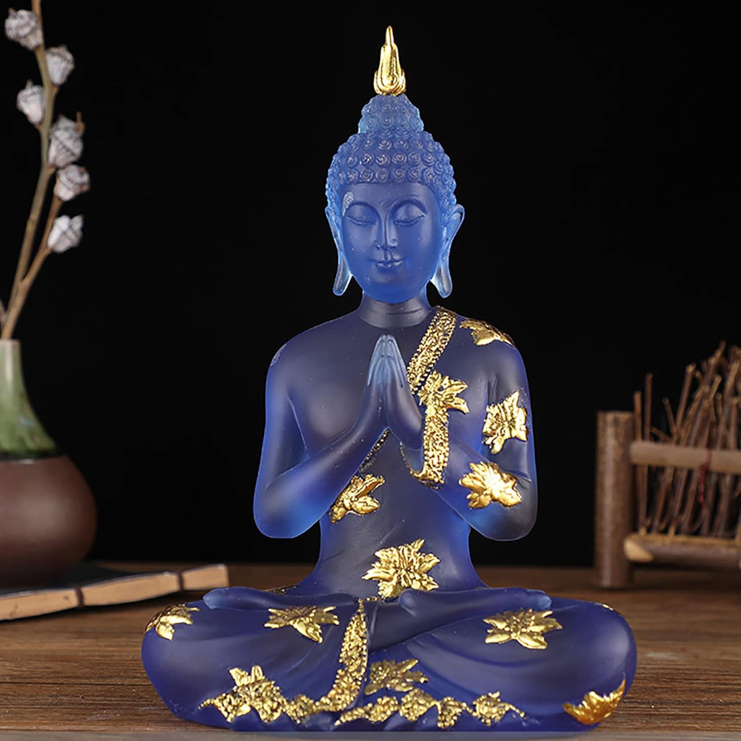 Buddha Statue aus Kristallharz Meditations Deko für Den Innenbereich, Thailändische Sitzende Buddha Figur Spirituelle Geschenke für Tisch Zen,Blau,L
