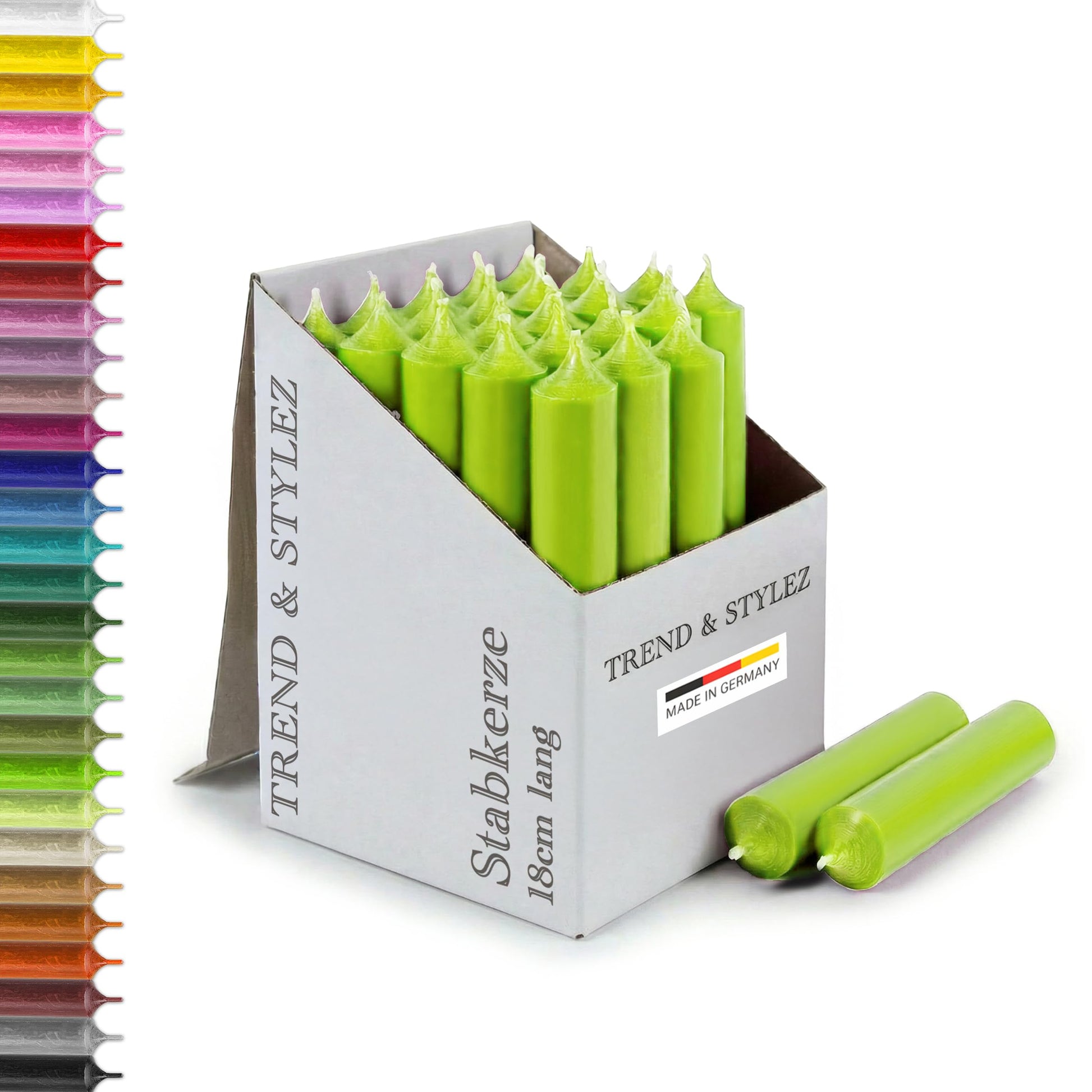 25 Stabkerzen 180mm x 22mm | Durchgefärbte Spitzkerzen | 8+ Stunden Brenndauer | Made in Germany - Ohne Tropfen & Rußen | RAL-Zertifizierte Tafelkerzen unparfümiert (Grün)