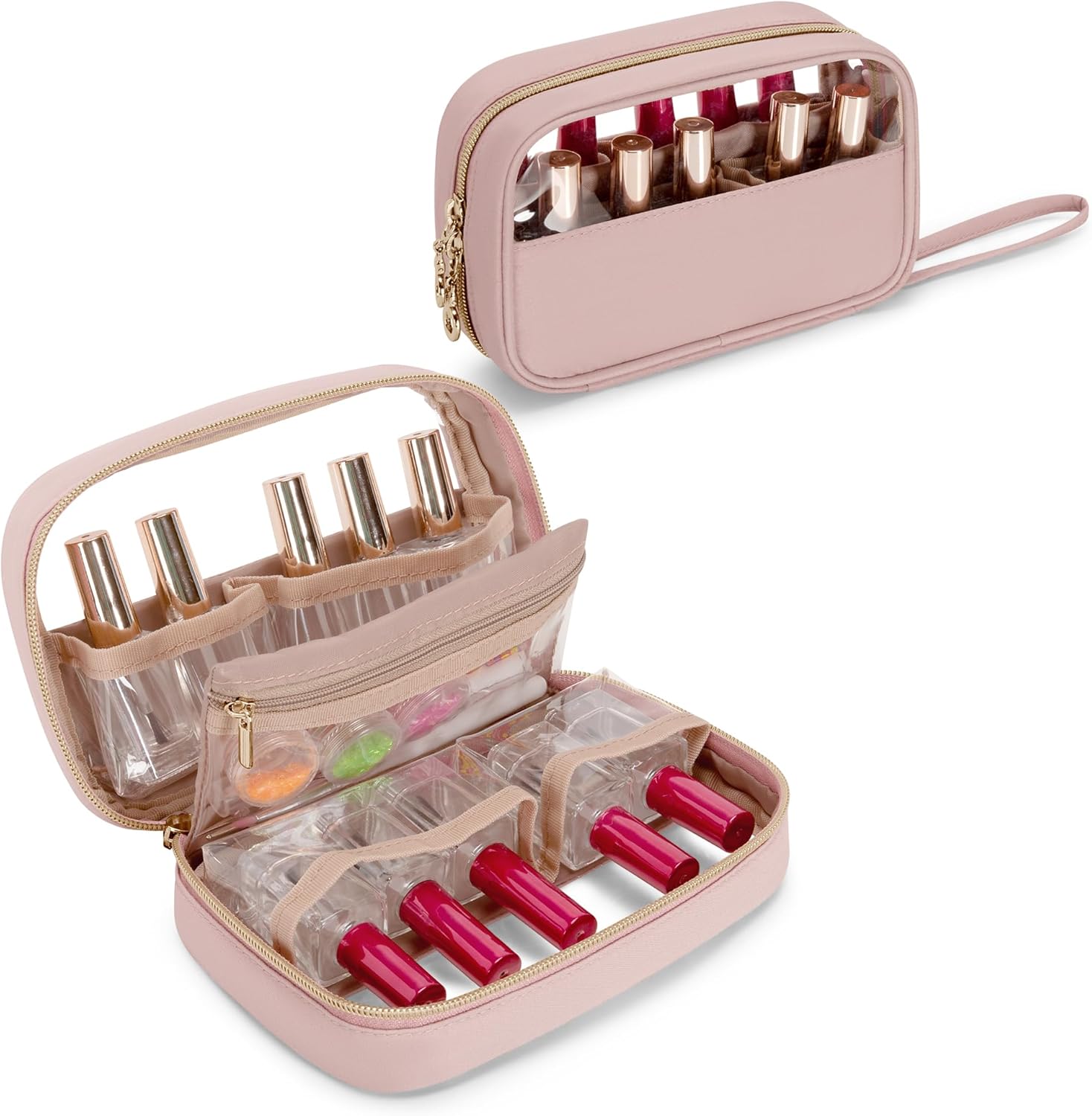 Yarwo Nagellack Organizer Tasche für 10 Flaschen, Kleine Nagellack Aufbewahrung mit Sichtfenster und Handschlaufe, Tragbare Kosmetiktasche für Maniküre Set & Nail Art, Rosa (Nur Tasche)