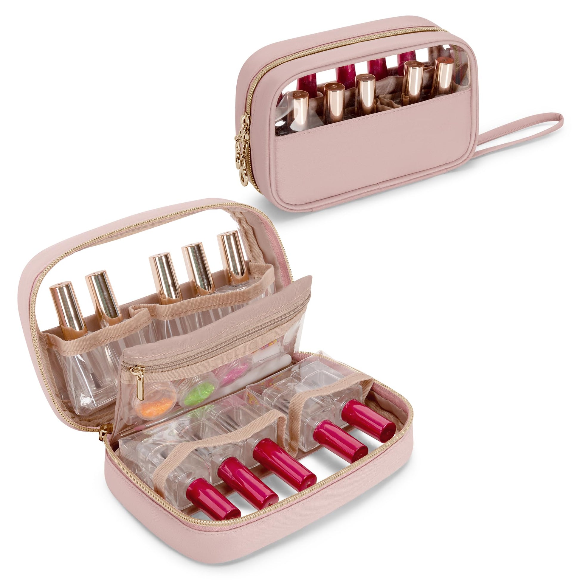 Yarwo Nagellack Organizer Tasche für 10 Flaschen, Kleine Nagellack Aufbewahrung mit Sichtfenster und Handschlaufe, Tragbare Kosmetiktasche für Maniküre Set & Nail Art, Rosa (Nur Tasche)