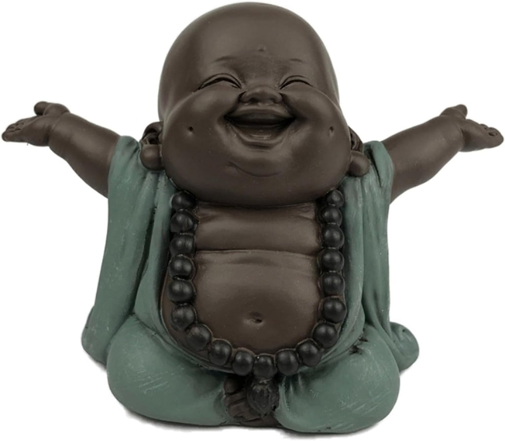 Lachender Buddha Willkommen - Glücksbringer Statue - Zen und Feng Shui Dekoration - für eine entspannende und spirituelle Atmosphäre - Geschenkidee - Breite: 9cm - Farbe: Grün und Braun - Zen'Light