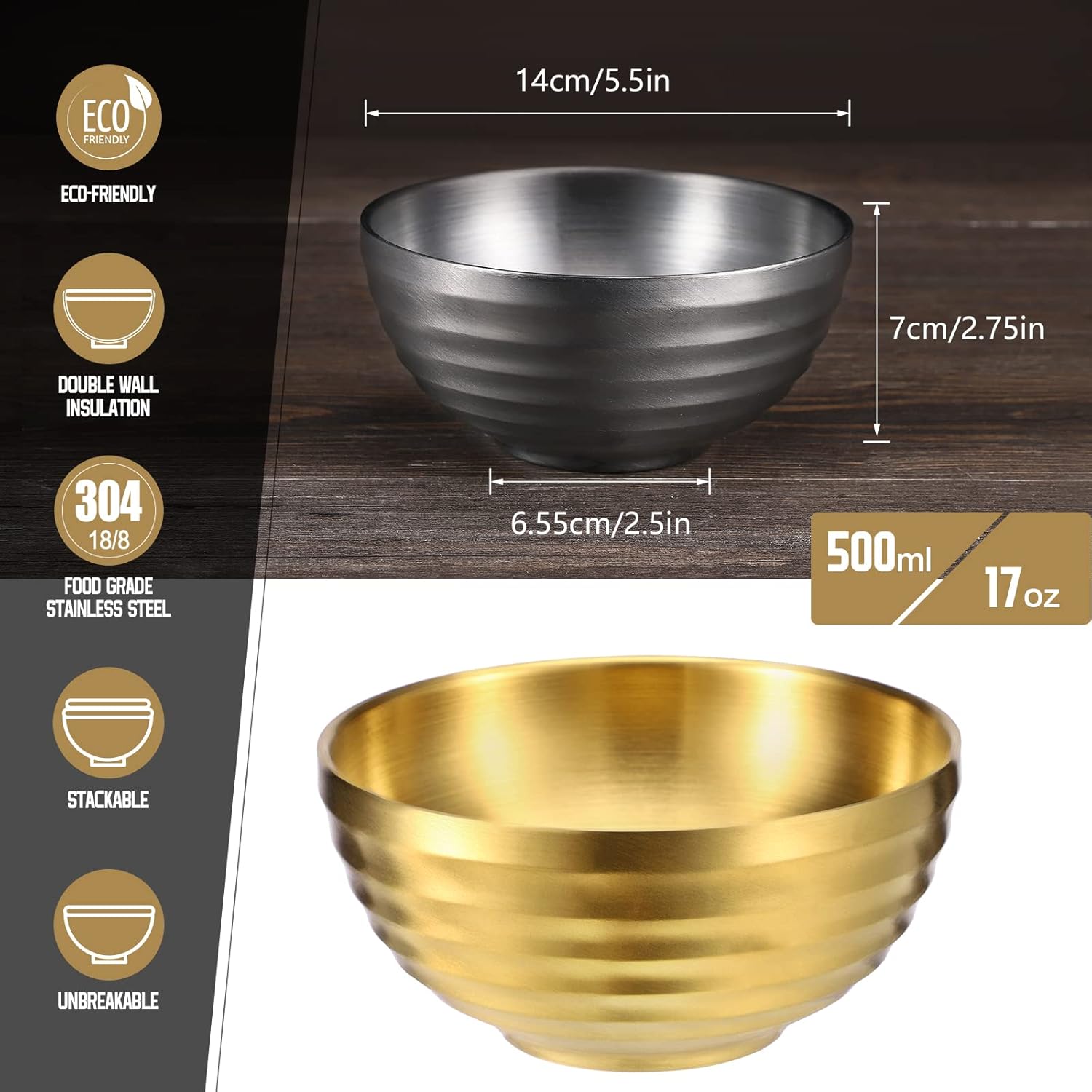 4er Edelstahl Schüsseln Doppelschicht Isolierte Nudelsuppe Schüssel Reis Schüssel Salat Schüssel Müslischalen, Schüsseln für Obst Getreide Snack Vorspeise, Geschirrspüler Sicher (Gold&Schwarz,14cm)