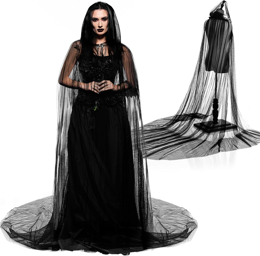 Hercicy Halloween Lace Cape Full Length Hooded Cloak Gothic Witch Sheer Cape for Cosplay Vampire Costume Wedding
