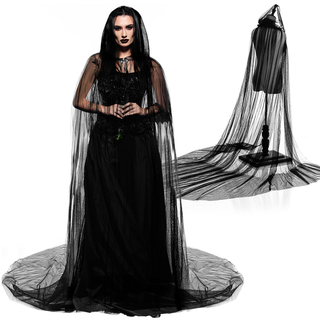 Hercicy Halloween Lace Cape Full Length Hooded Cloak Gothic Witch Sheer Cape for Cosplay Vampire Costume Wedding