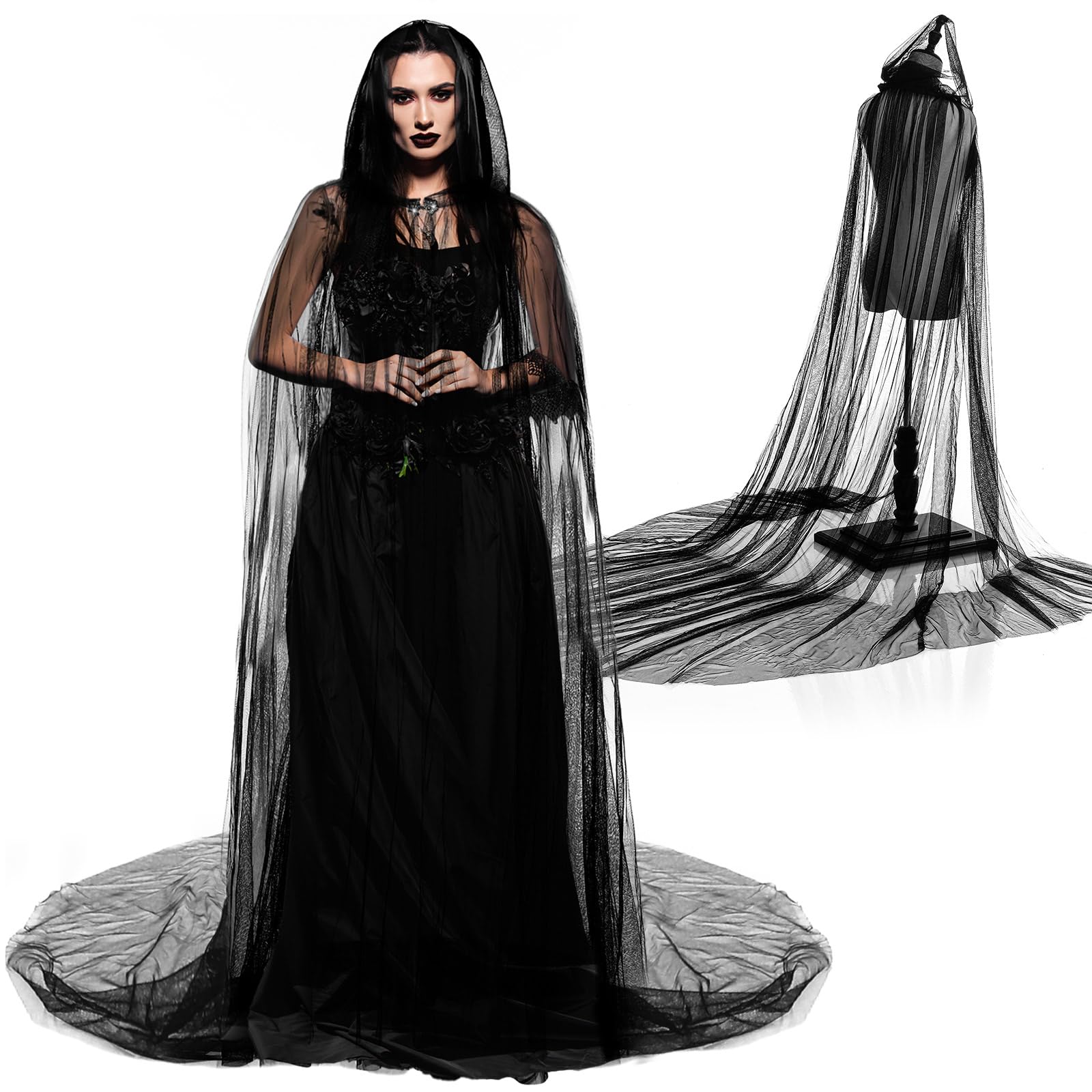 Hercicy Halloween Lace Cape Full Length Hooded Cloak Gothic Witch Sheer Cape for Cosplay Vampire Costume Wedding