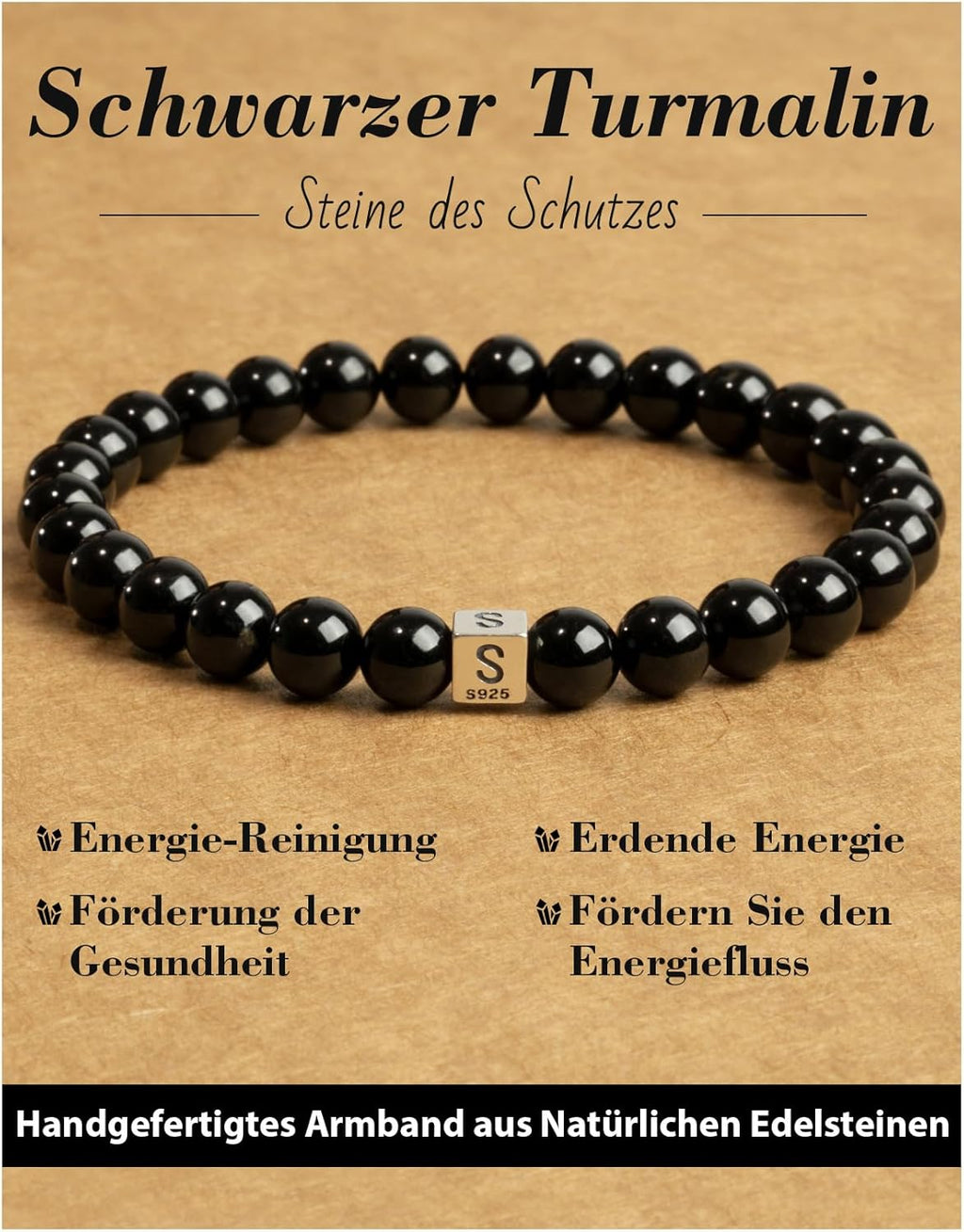 Handgemacht 6mm Naturstein Schwarzer Turmalin Armband mit 925 Sterling Silber Perlen, Heilstein Edelstein Perlenarmband, Damen Herren Buchstaben Armbänder. Schmuck Geschenk. Fakultativ A-Z