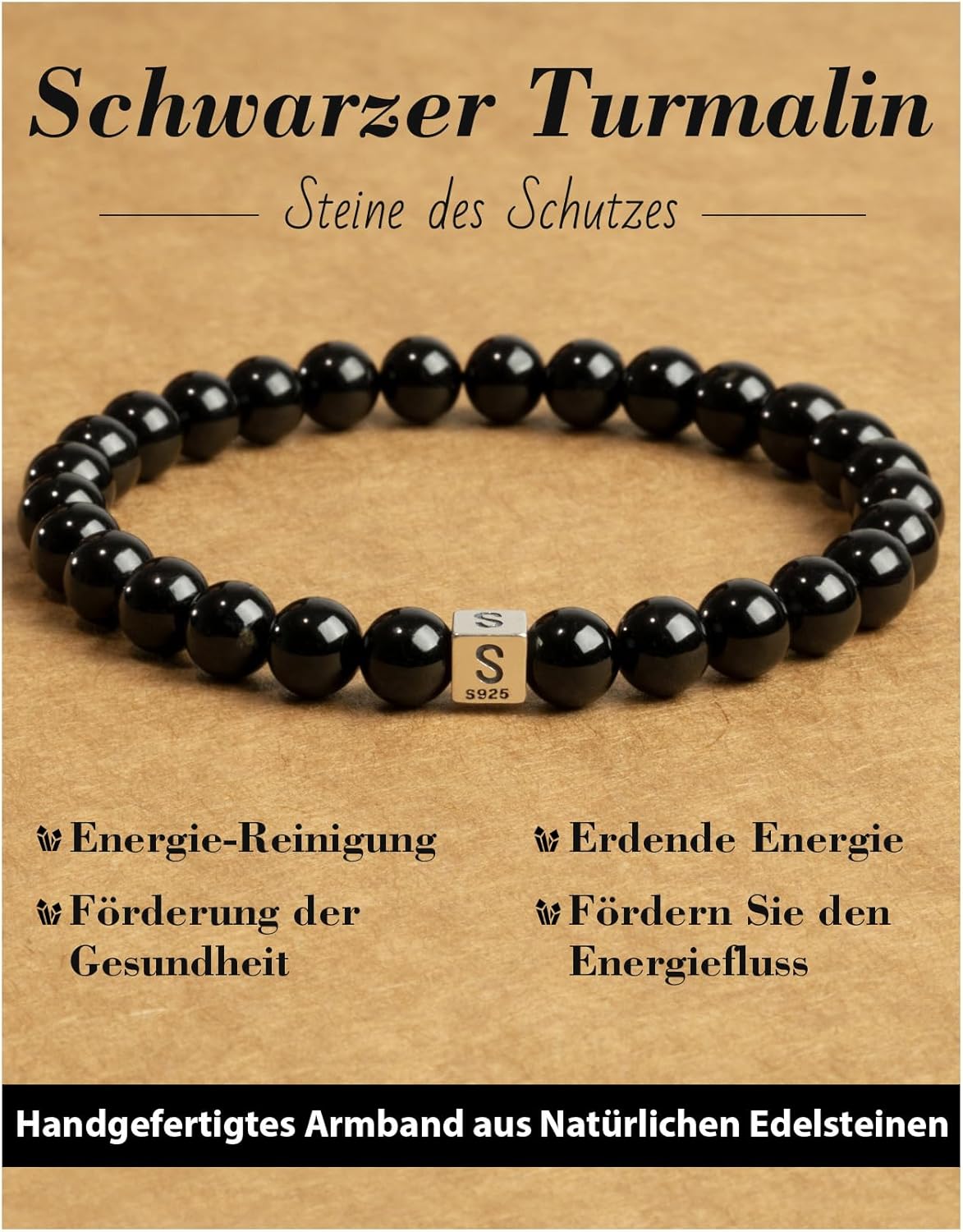 Handgemacht 6mm Naturstein Schwarzer Turmalin Armband mit 925 Sterling Silber Perlen, Heilstein Edelstein Perlenarmband, Damen Herren Buchstaben Armbänder. Schmuck Geschenk. Fakultativ A-Z