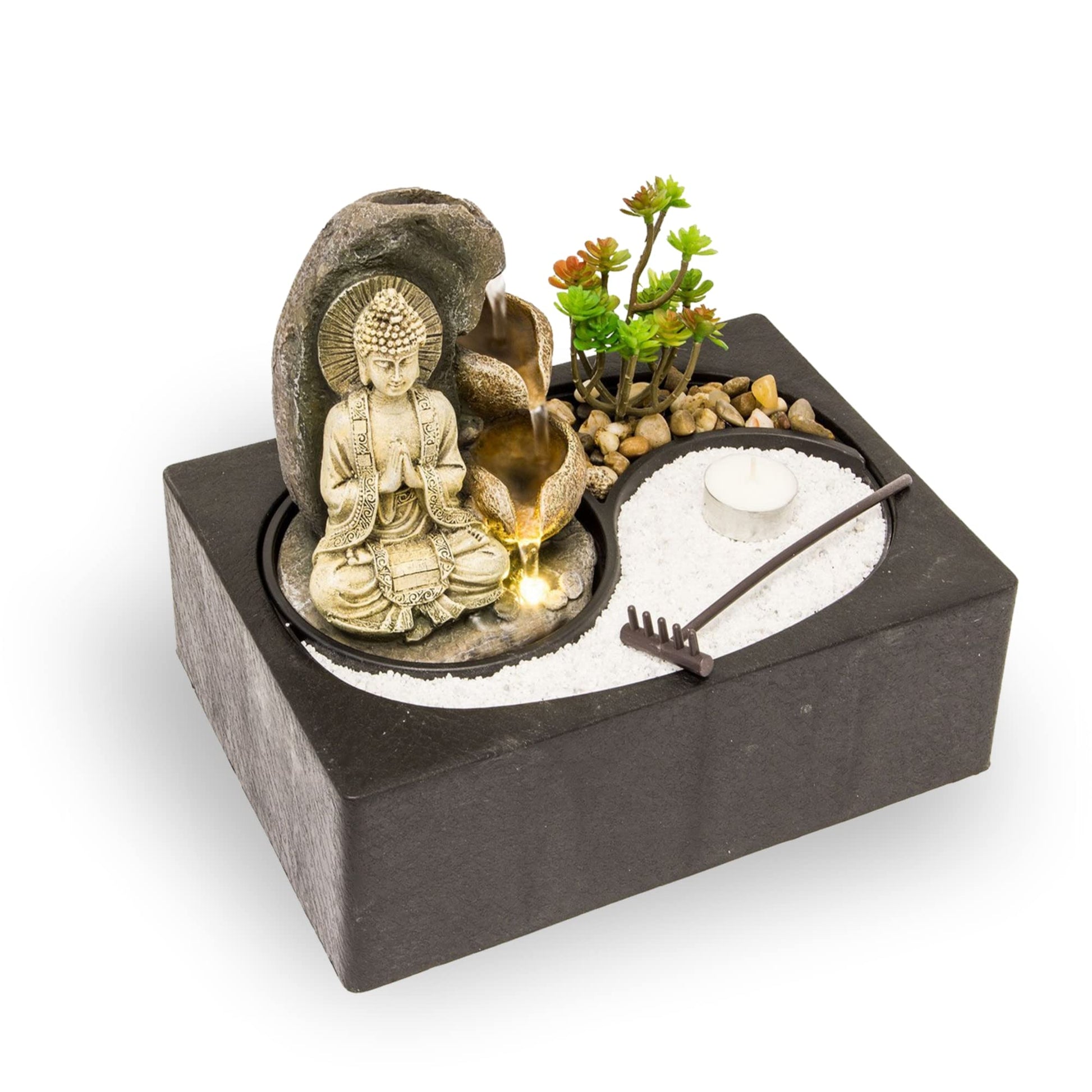 Zimmerbrunnen mit LED-Beleuchtung | Tischbrunnen mit Wasserfall und beweglicher Glaskugel | dekorativer Zierbrunnen mit Feng Shui Elementen | Springbrunnen mit Yin Yang Felsengarten für Zuhause