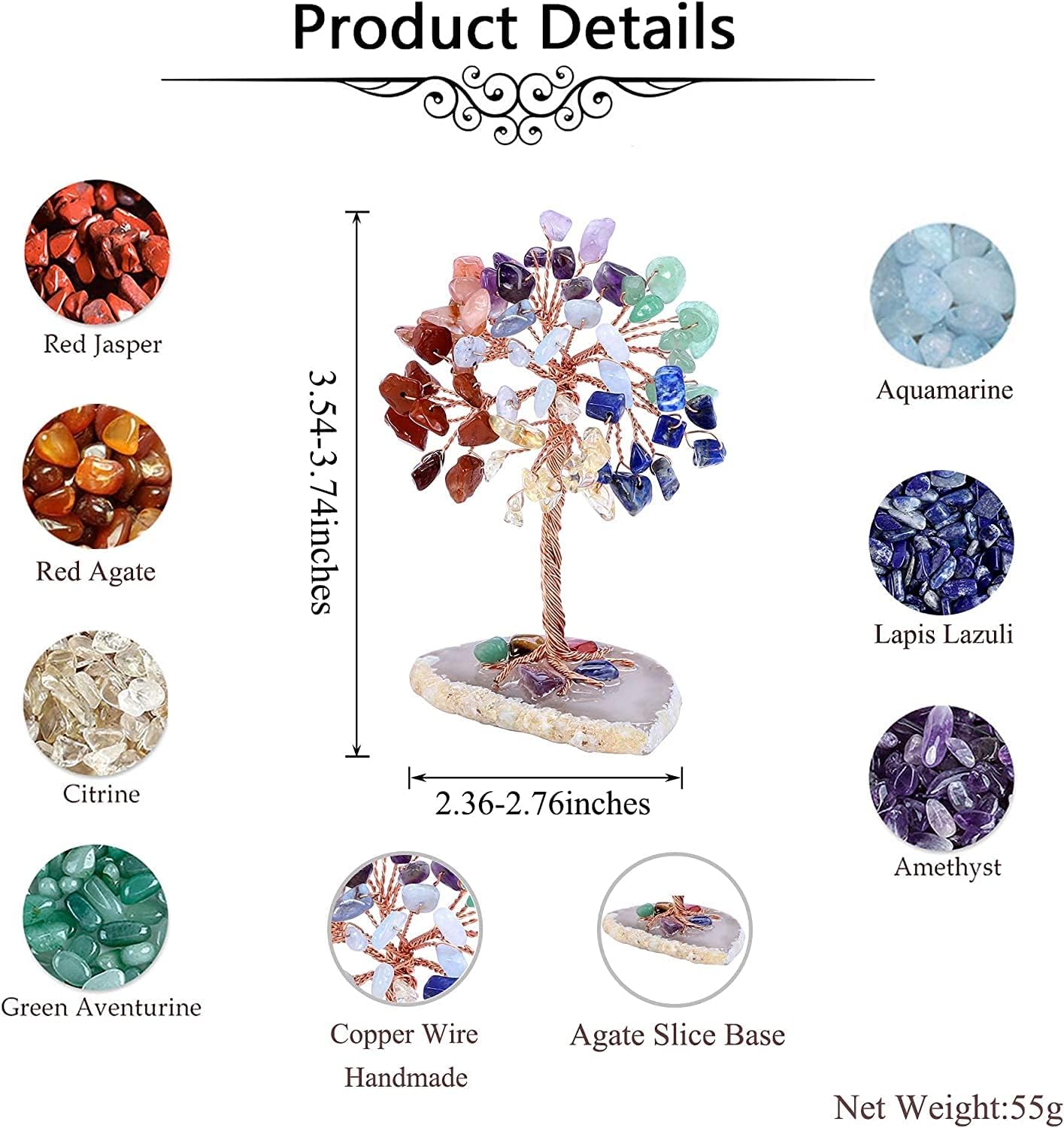 GEFIRE Tree of Life Crystal, 9-10 cm Healing Crystals Money Tree, Natural Crystal Stones For Chakra Reiki Gift Home Office Table Decoration Gift Ornament Sculpture (Seven Colours)