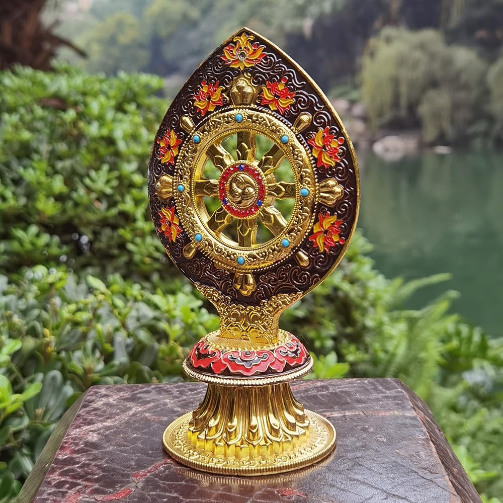 Peaceful Wheel of Dharma Statue - Gold Alloy Lotus Design for Zen Decor & Mindfulness, Spiritual Tabletop Art for Meditation, Yoga Studio & Home Office