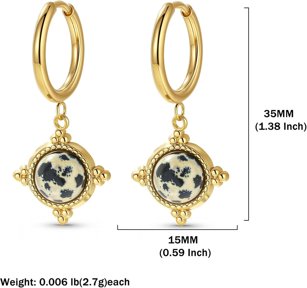 Boho Vintage Ohrringe Gold hängend Damen Creolen mit Naturstein Anhänger Hängeohrringe Klein Elegant