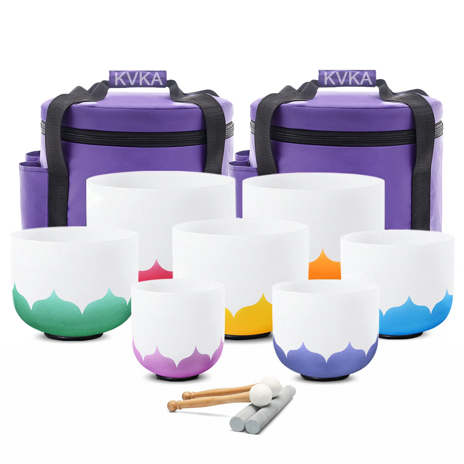KVKA Kristall-Klangschalen Set, 6-12 inch 432Hz Weiß Frosted Quarz Chakra Sound Healing Klangschalen für Meditation Yoga Entspannung Stressabbau mit Tragetasche