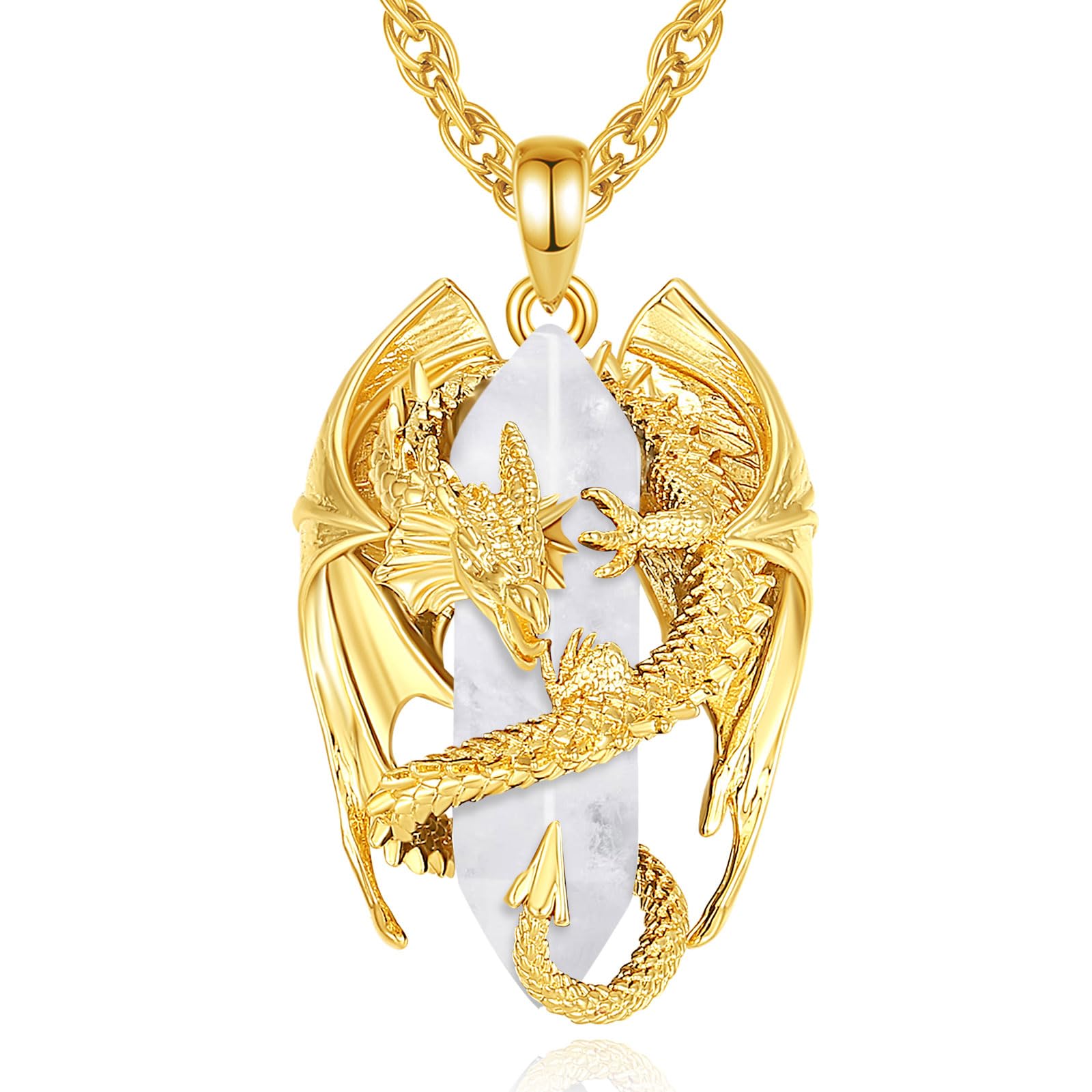 INFUSEU Kristall Drachen Kette, Nordischer Drache Gewickelter Zylinder Edelstein Kristall Anhänger Sechseckiger Heilkristall Anhänger Gothic Naturkristall-Schmuck Geschenk für Männer Frauen