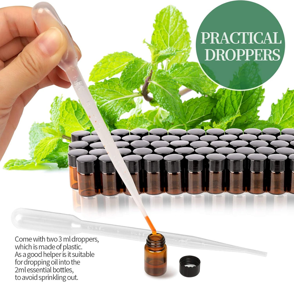 FANDAMEI 100 x 2 ml Braune Leere Glasflaschen, Fläschchen für Ätherische Öle, Mini Glasflasche mit Orifice Reducers, Perfekt für Ätherisches Öl, Spa, Massage, Aromatherapie