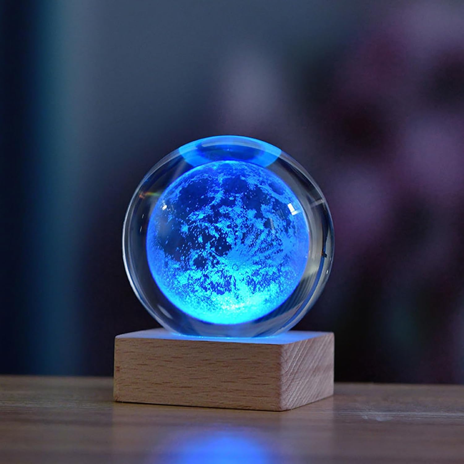 Zoomarlous 3D Crystal Ball Night Light, USB 3D Moon Crystal Ball Night Light, Creative Night Scene, Astronomy LED Ball Lamp, with Wooden Base