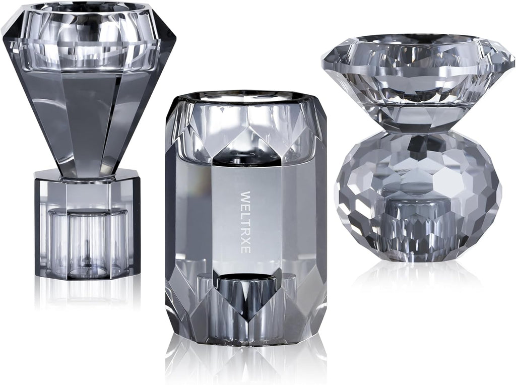 WELTRXE Kristall Kerzenhalter, 3er Set transparente Teelichthalter für Stabkerzen und Teelichter, 2-in-1-Design-Kerzenhalter aus Kristall für Tischdekorationen, Hochzeiten, Party (Grau)