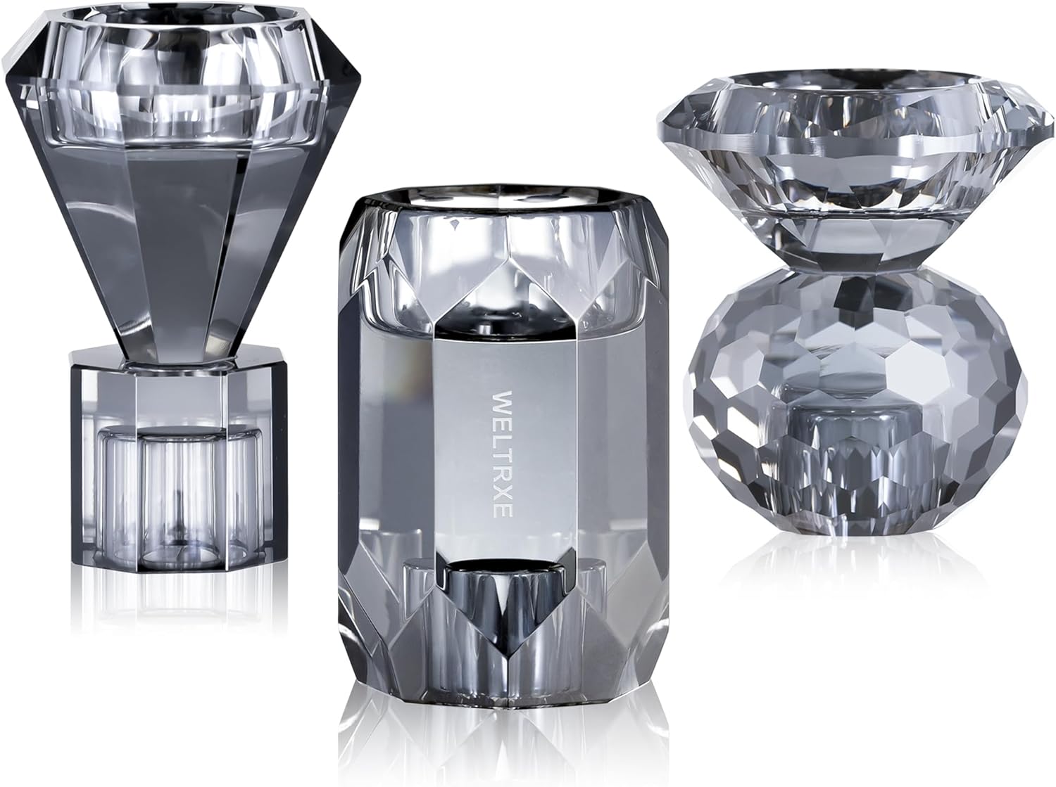 WELTRXE Kristall Kerzenhalter, 3er Set transparente Teelichthalter für Stabkerzen und Teelichter, 2-in-1-Design-Kerzenhalter aus Kristall für Tischdekorationen, Hochzeiten, Party (Grau)