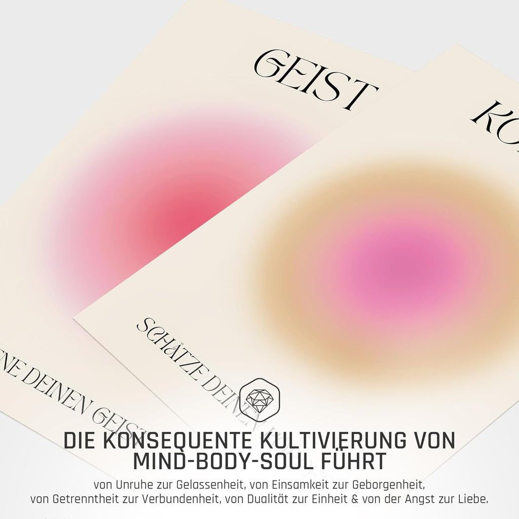 Geist Körper Seele Yoga Poster Set Achtsamkeit Aura Farben Wanddeko Inspirierende Bilder Mindfulness Schlafzimmer Deko Wohnzimmer Dekoration Homeoffice Achtsamkeitsposter (3x A4 | Ohne Rahmen)