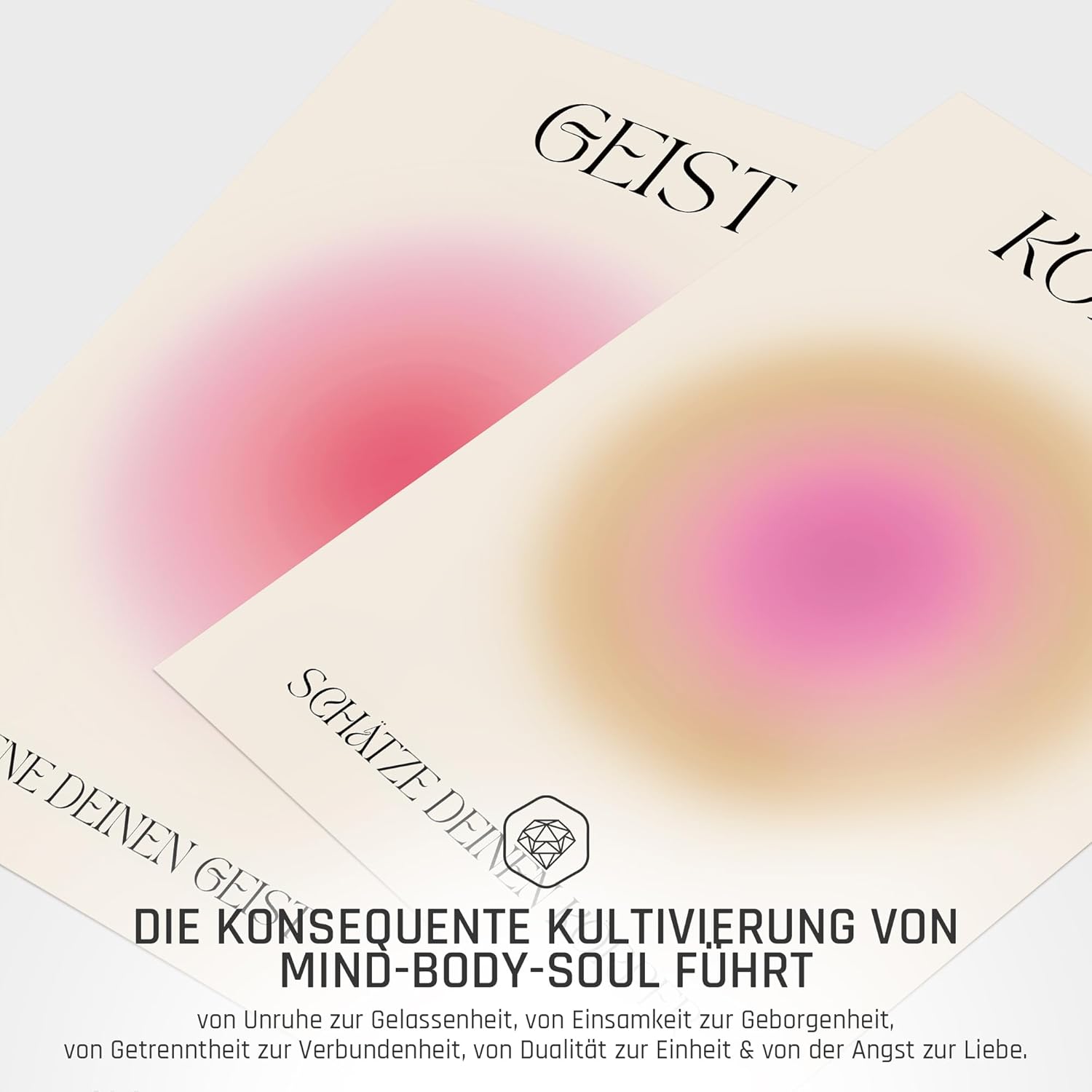Geist Körper Seele Yoga Poster Set Achtsamkeit Aura Farben Wanddeko Inspirierende Bilder Mindfulness Schlafzimmer Deko Wohnzimmer Dekoration Homeoffice Achtsamkeitsposter (3x A4 | Ohne Rahmen)