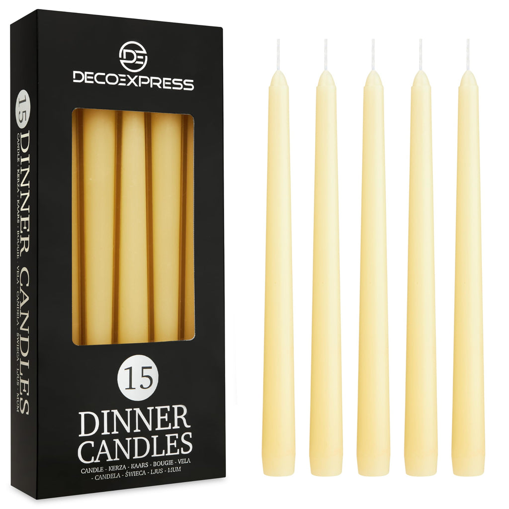 DECO EXPRESS Taper Candles Set of 6, 10, 15 or 50, Long Burning Time up to 8 Hours, Odourless (Purple, Set of 15)